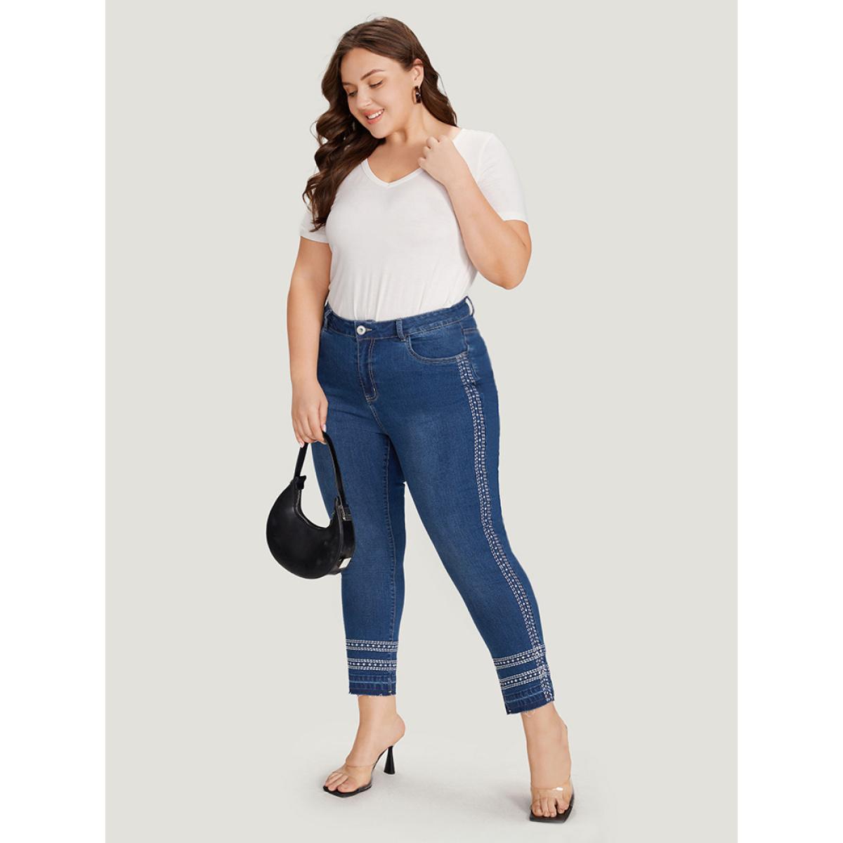 Plus Size Embroidered Raw Edges Zipper Fly Jeans Women Blue Casual Bohemian Print Embroidered High stretch Pocket Jeans BloomChic 28/5X Product Image