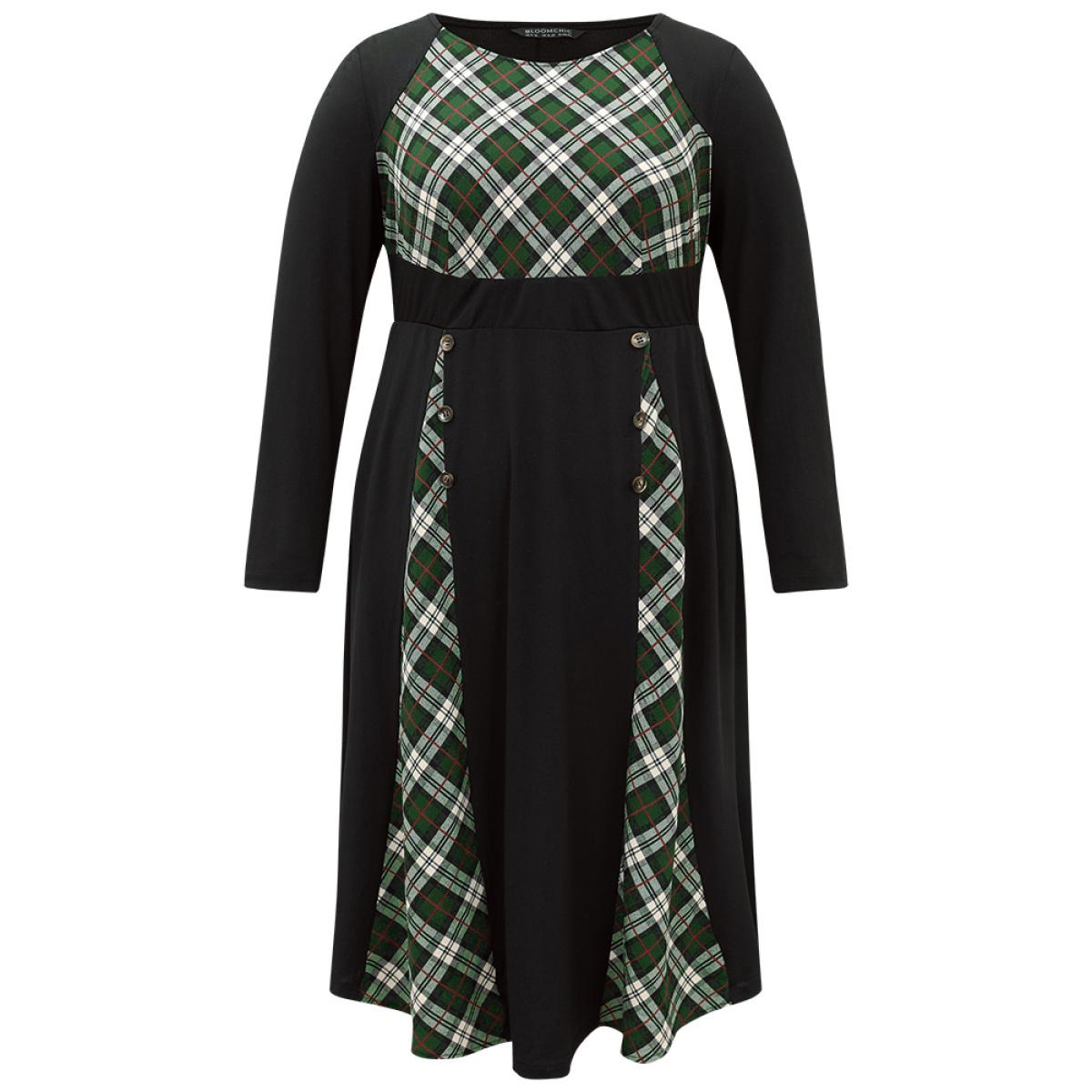 Plus Size Christmas Plaid Patchwork Button Detail Dress Black Women Elegant Printed Round Neck Long Sleeve Curvy Midi Dress BloomChic 18-20/2X Product Image
