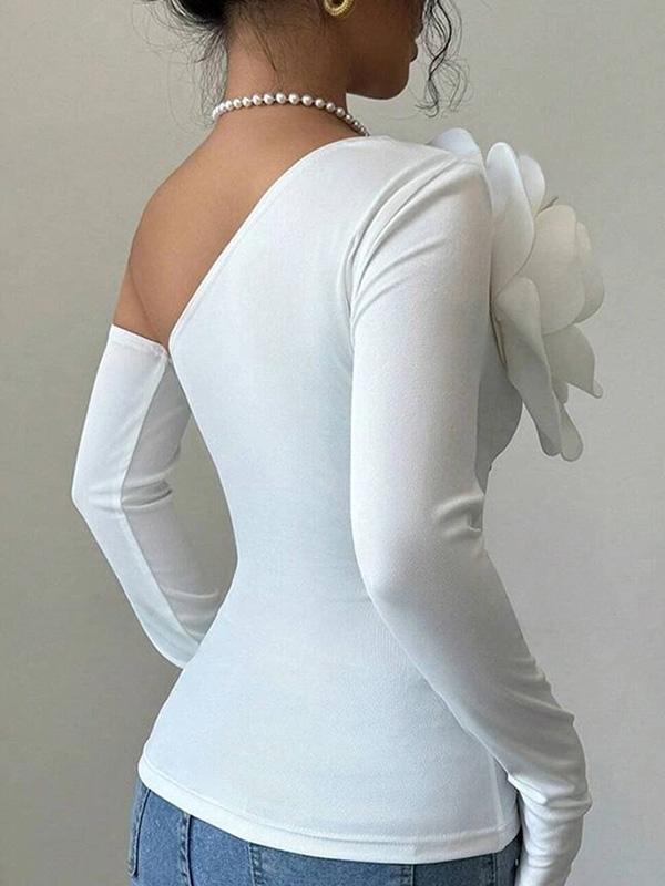 Long Sleeves Skinny Solid Color Three-Dimensional Flower One-Shoulder T-Shirts Tops Product Image