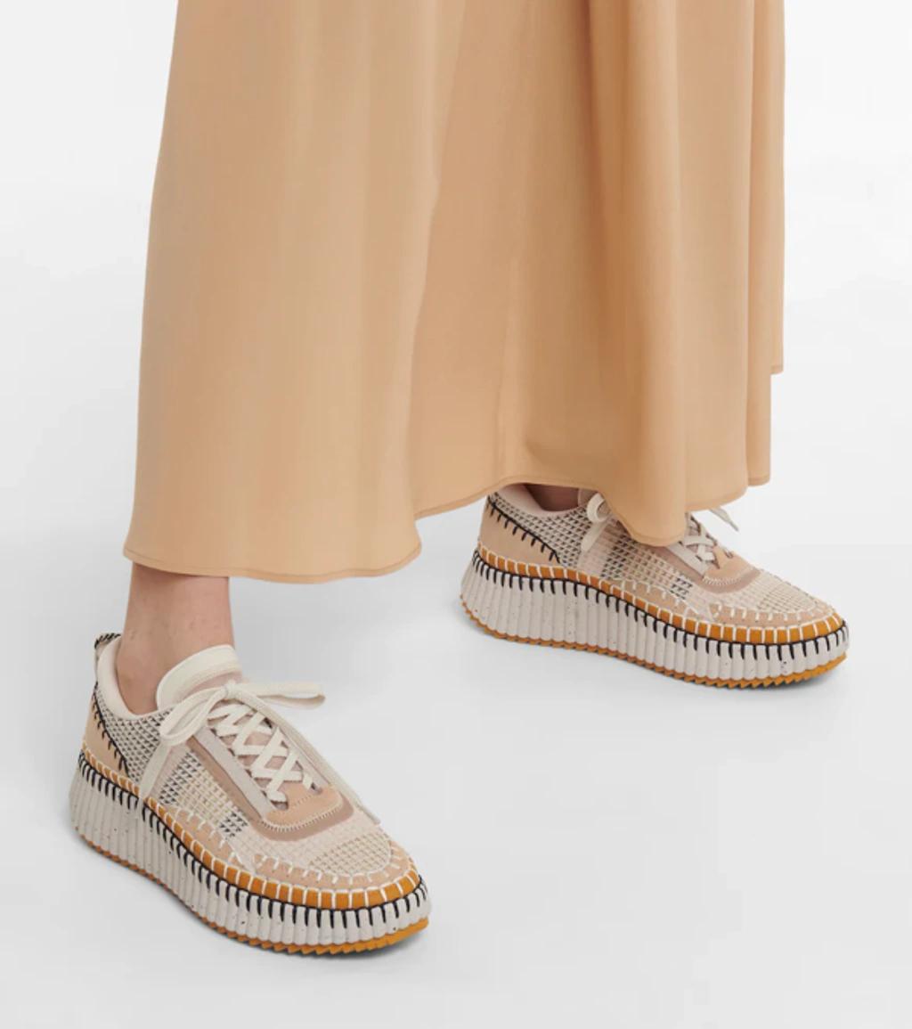 CHLOÉ Nama Embroidered Suede And Recycled-mesh Sneakers In Biscotti Beige Product Image