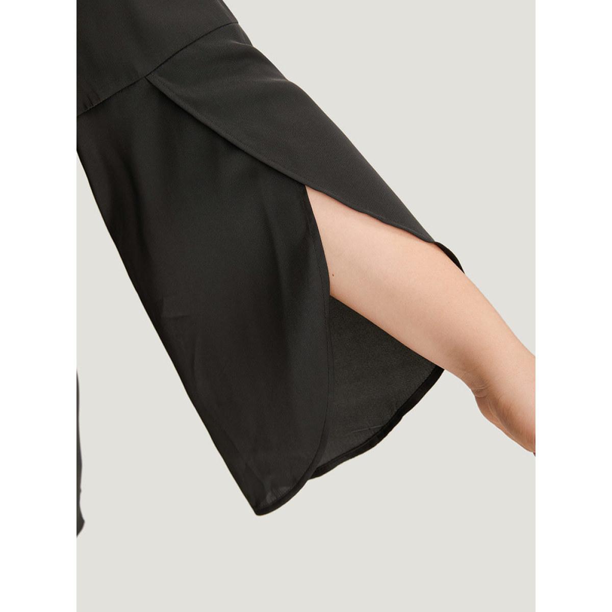 Plus Size Black Plain Wrap Flutter Sleeve Crew Neck Blouse Women Office Elbow-length sleeve Round Neck Work Blouses BloomChic 12/L Product Image