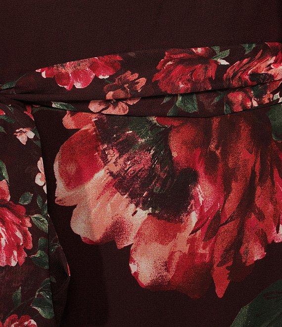 Alex Marie Petite Size Birdie Chiffon Floral Print Ruch Cowl Neck Long Sleeve Tie Waist Ruffled Asymmetric Midi Flare Dress Product Image