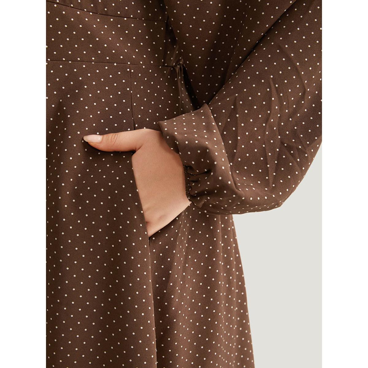 Plus Size Polka Dot Knot Neck Lantern Sleeve Dress DarkBrown Women Elegant Elastic cuffs Tie Neck Long Sleeve Curvy Midi Dress BloomChic 22-24/3X Product Image