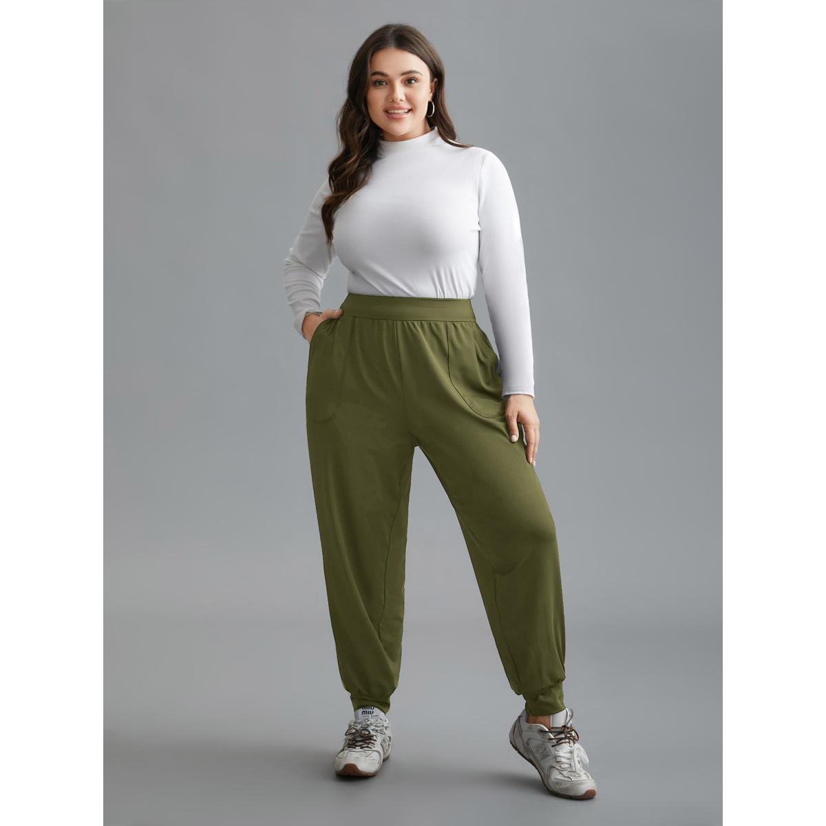 Plus Size Elastic Waist Mid-Rise Yoga Jogger Pants Women ArmyGreen Casual Mid Rise Everyday Pants BloomChic 10/M Product Image
