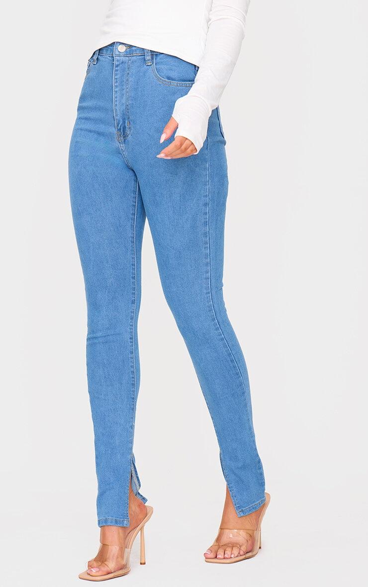 Light Blue Wash Side Split Hem Skinny Jeans Product Image