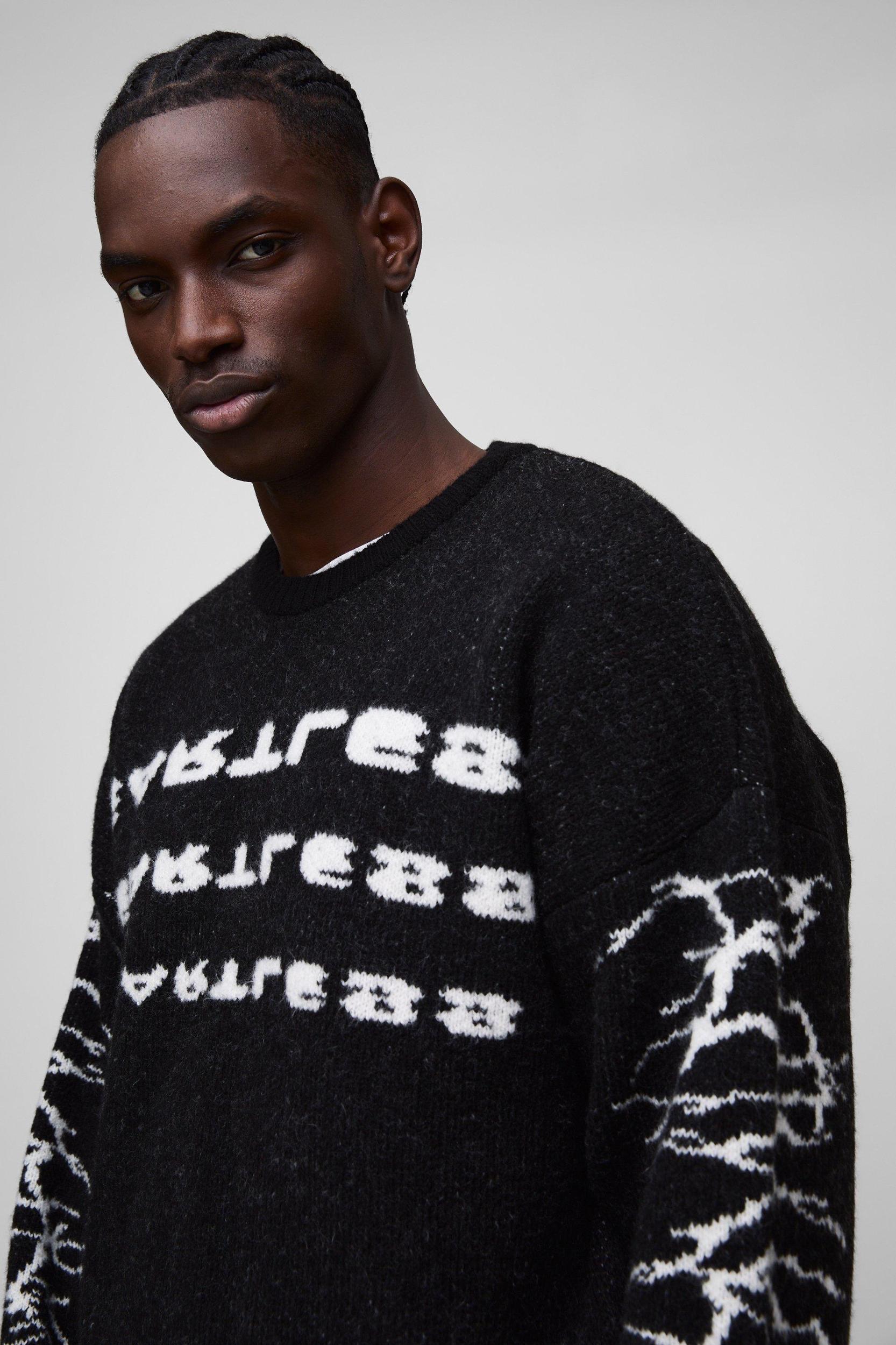 Oversized Boxy Brushed Heartless Graphic Knitted Sweater | boohooMAN USA Product Image