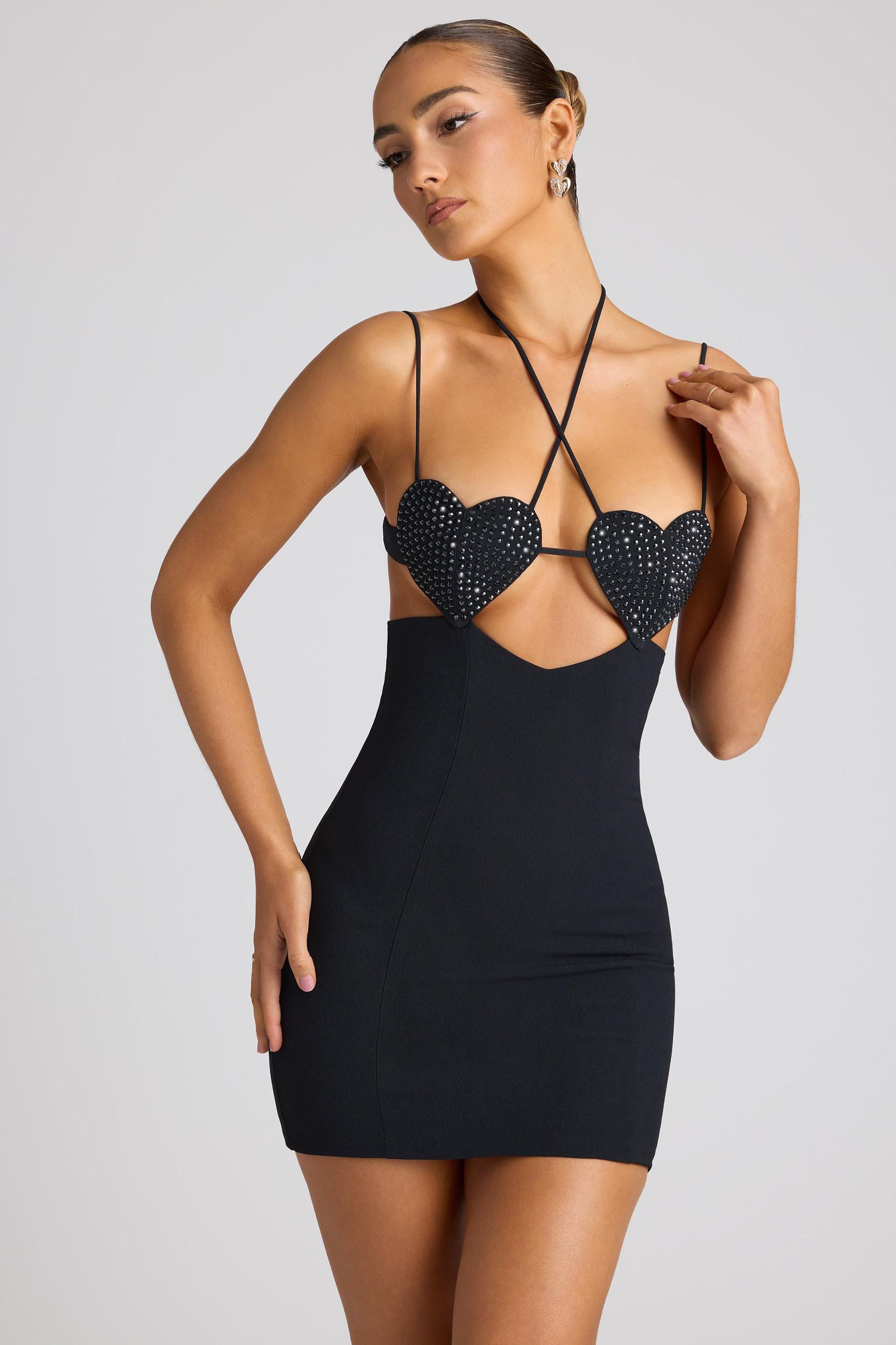 Embellished Heart Cup Detail Mini Dress in Black Product Image