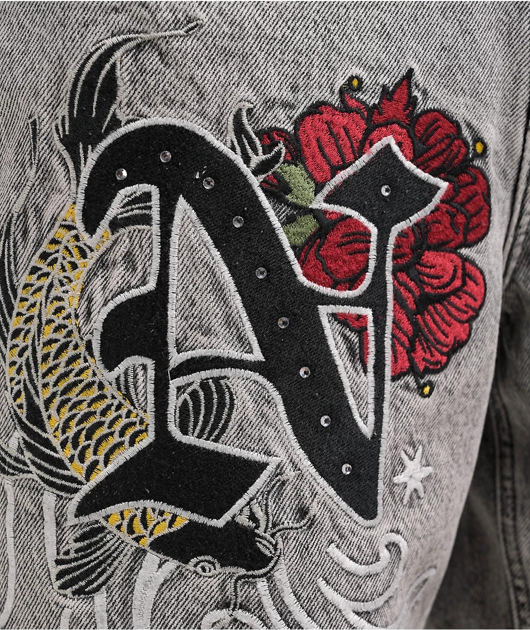 Ninth Hall Waylay Embroidered Grey Wash Denim Shorts Product Image