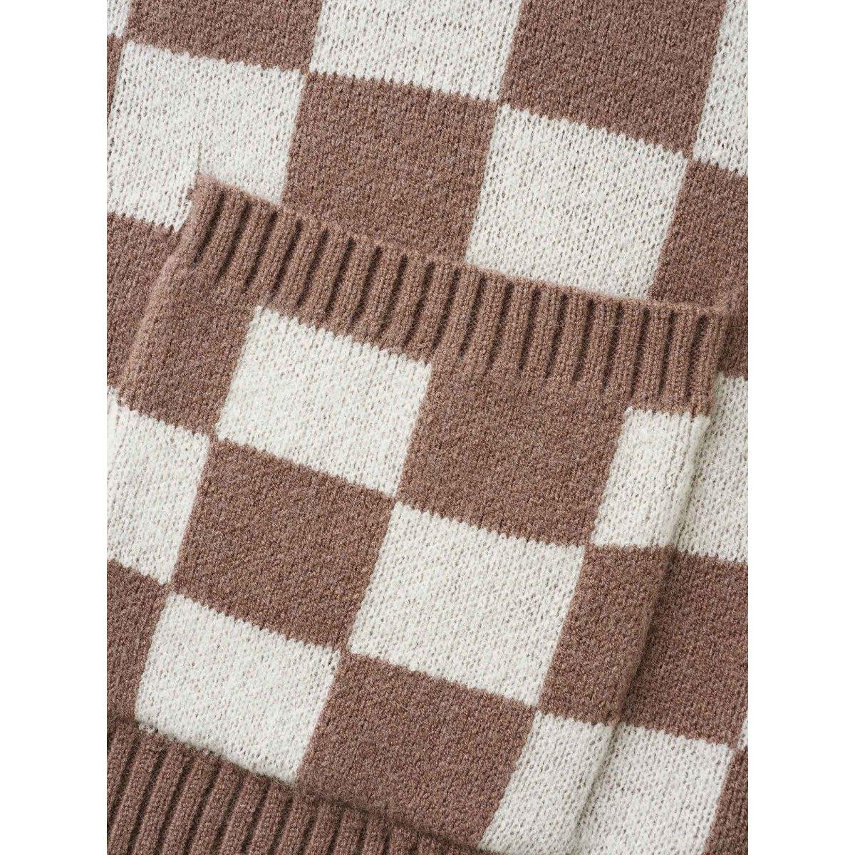 Plus Size Checkered V-Neck Button Front Knit Cardigan LightBrown Women Casual Loose Long Sleeve Everyday Cardigans BloomChic 18-20/2X Product Image