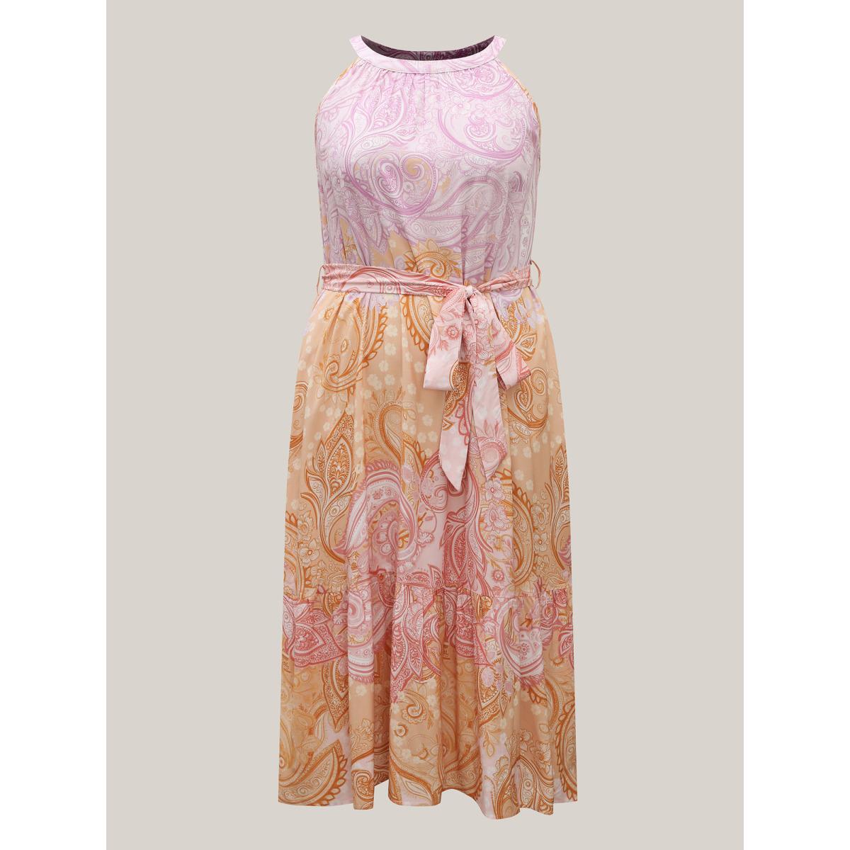 Plus Size Paisley Print Belted Color Contrast Midi Dress Multicolor Women Round Neck Sleeveless Curvy BloomChic 28/5X Product Image