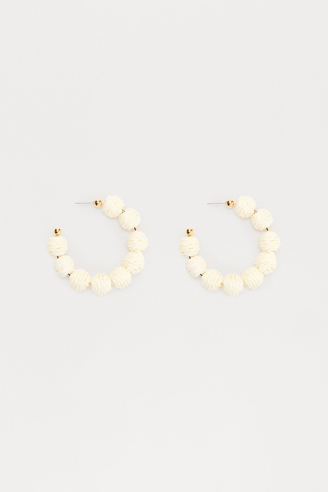 Thalia Beaded Straw Hoop Earrings  - Cream Female Product Image