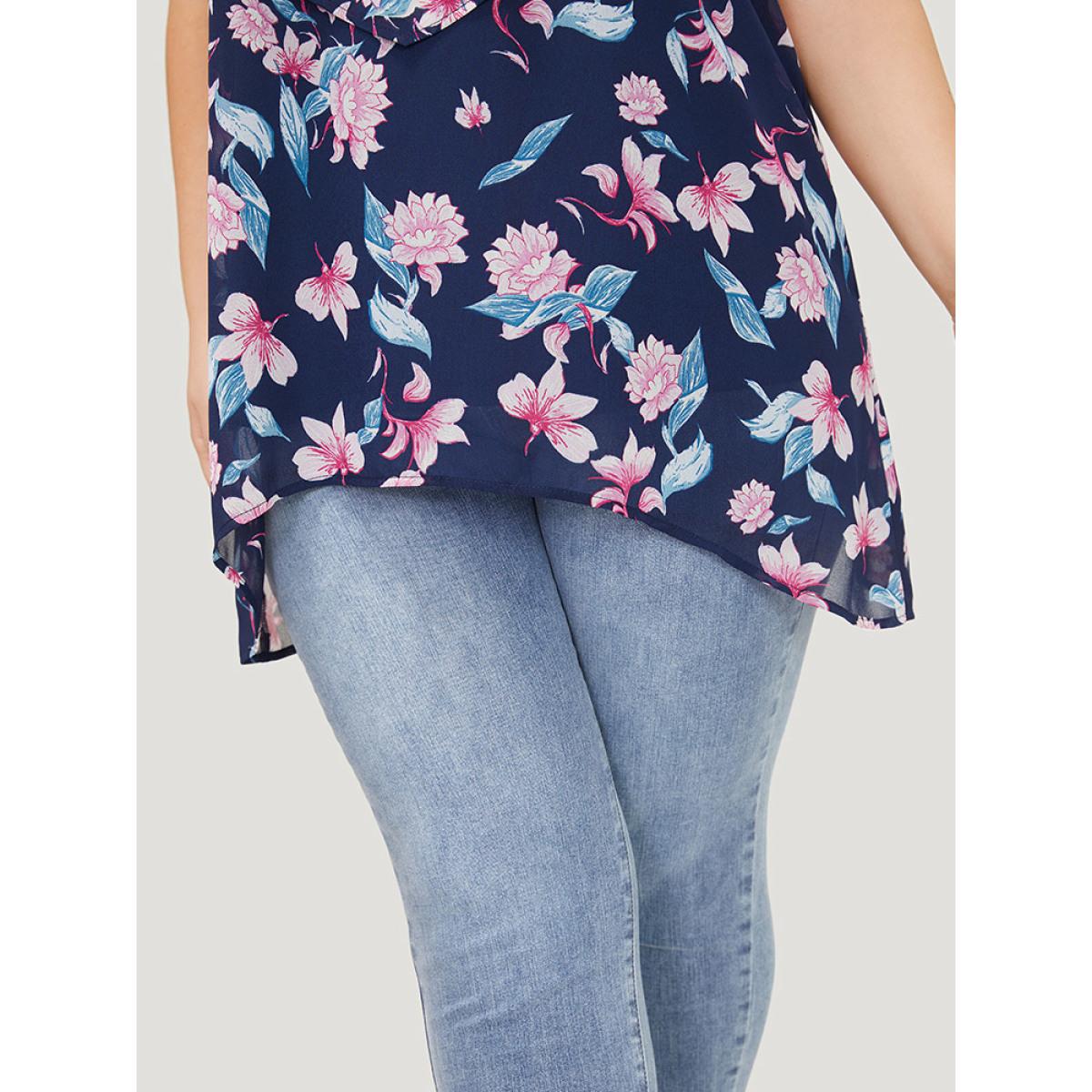 Plus Size Indigo Floral Print Ruffle Trim Asymmetrical Hem Blouse Women Elegant Short sleeve Round Neck Dailywear Blouses BloomChic 10/M Product Image