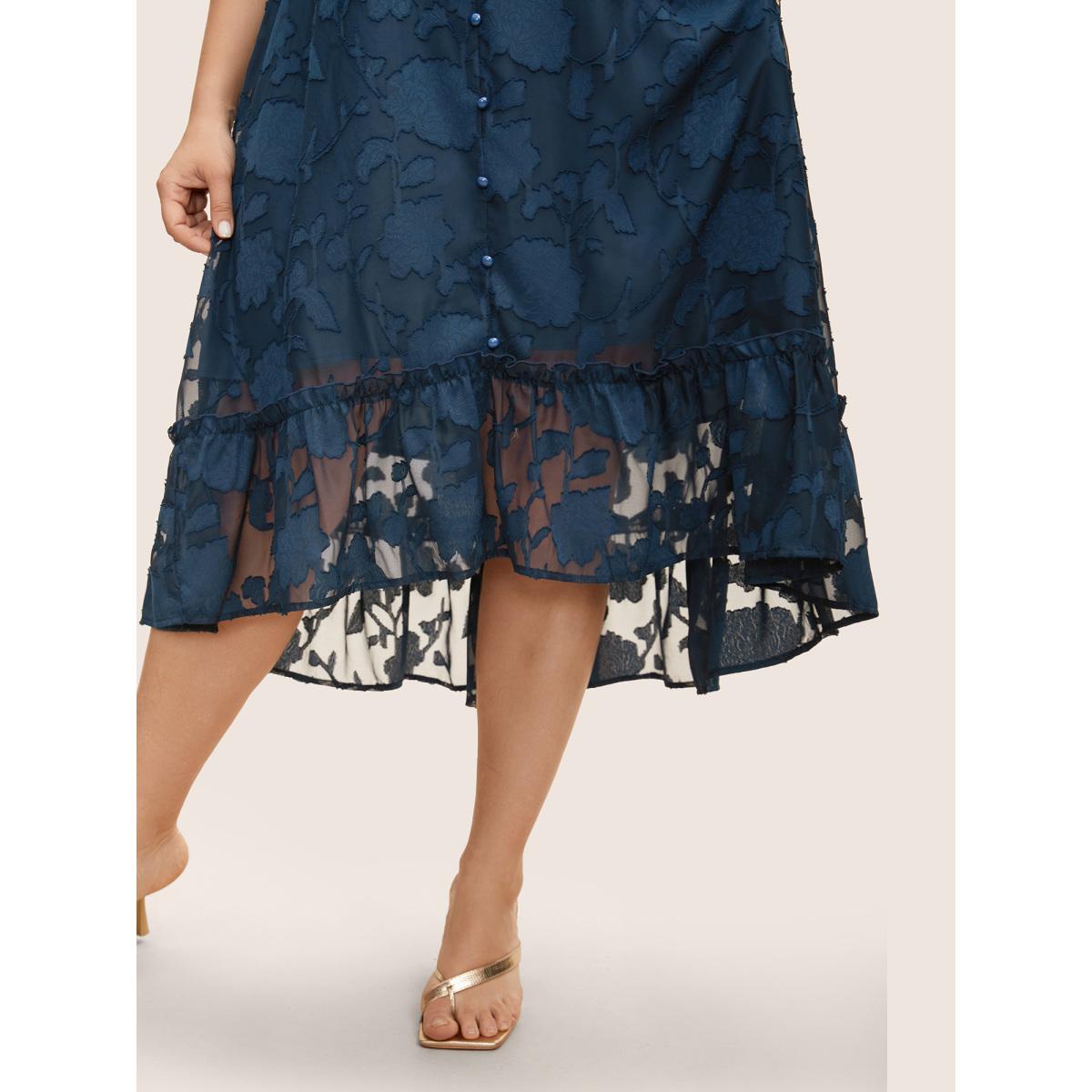 Plus Size Textured Mesh Puff Sleeve Button Detail Dress DarkBlue Women Elegant Texture V-neck Short sleeve Curvy BloomChic 14-16/1X Product Image