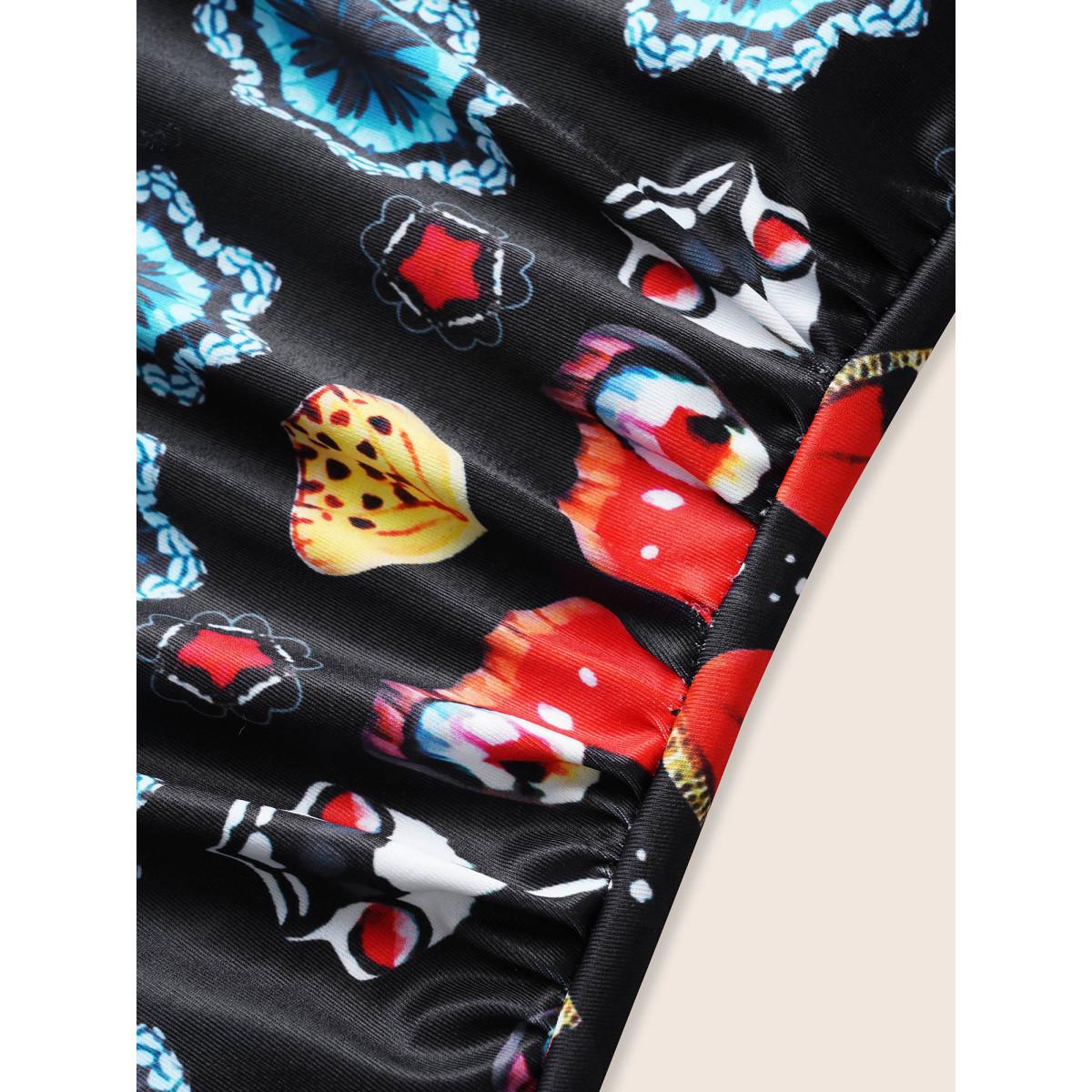 Plus Size Overlap Collar Boho Print Gathered One Piece Swimsuit Women's Swimwear Black Beach Gathered Curve Bathing Suits High stretch One Pieces BloomChic 14-16/1X Product Image