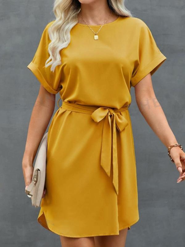 Loose Short Sleeves Solid Color Tied Waist Round-Neck Mini Dresses Product Image