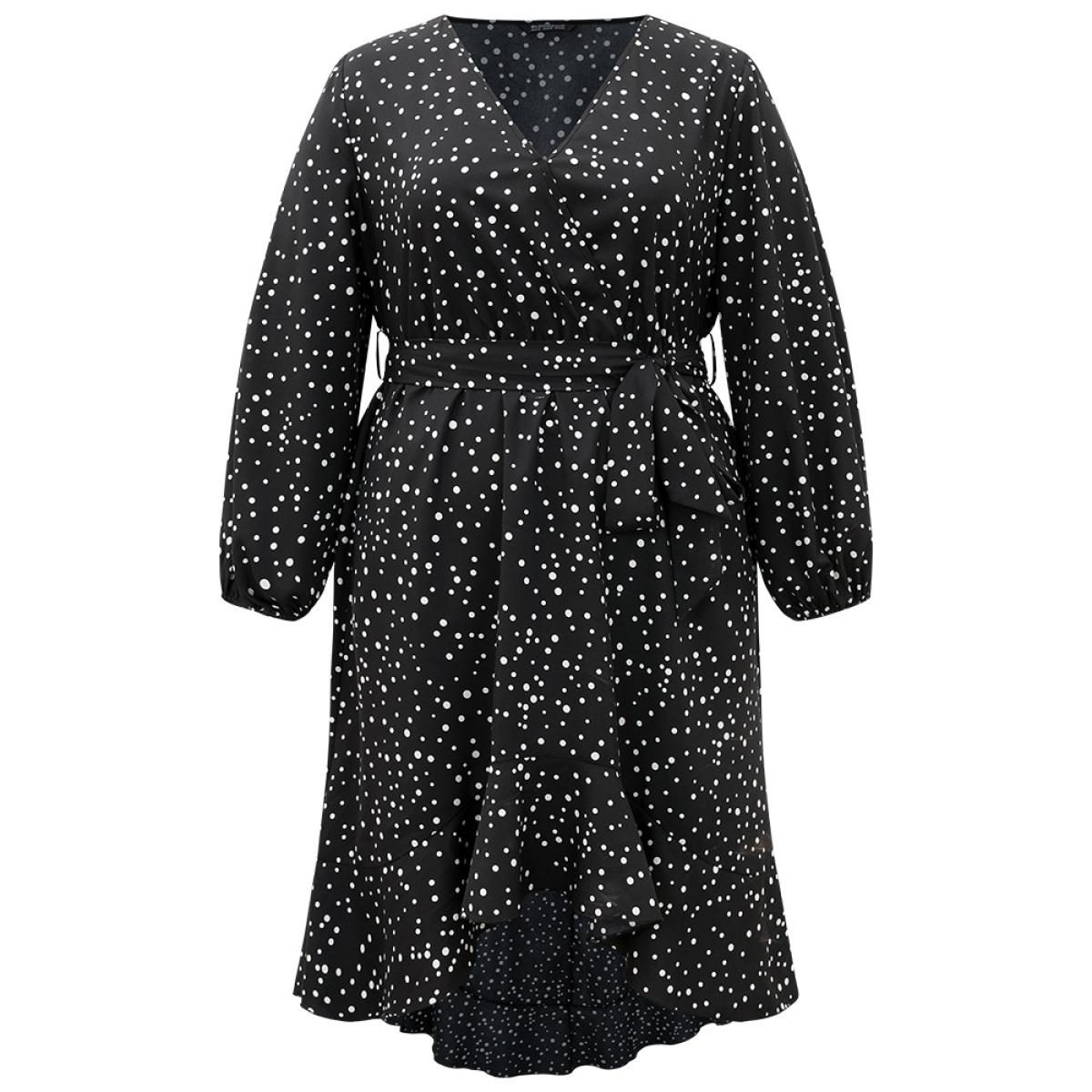 Plus Size Polka Dot Wrap Ruffle Trim High Low Hem Dress Black Women Elegant Elastic cuffs V-neck Long Sleeve Curvy Knee Dress BloomChic 10/M Product Image
