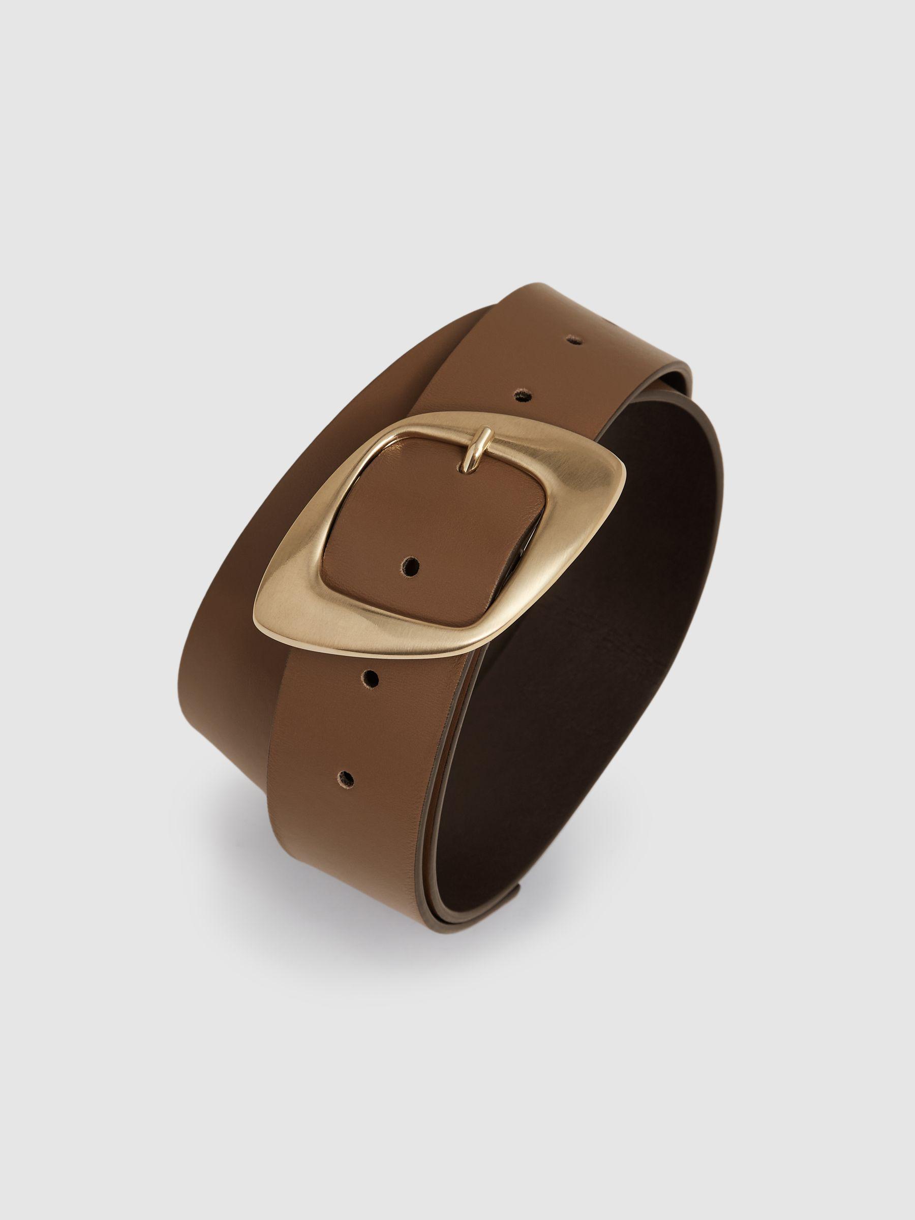 Leather Curved-Edge Buckle Belt in Taupe Product Image