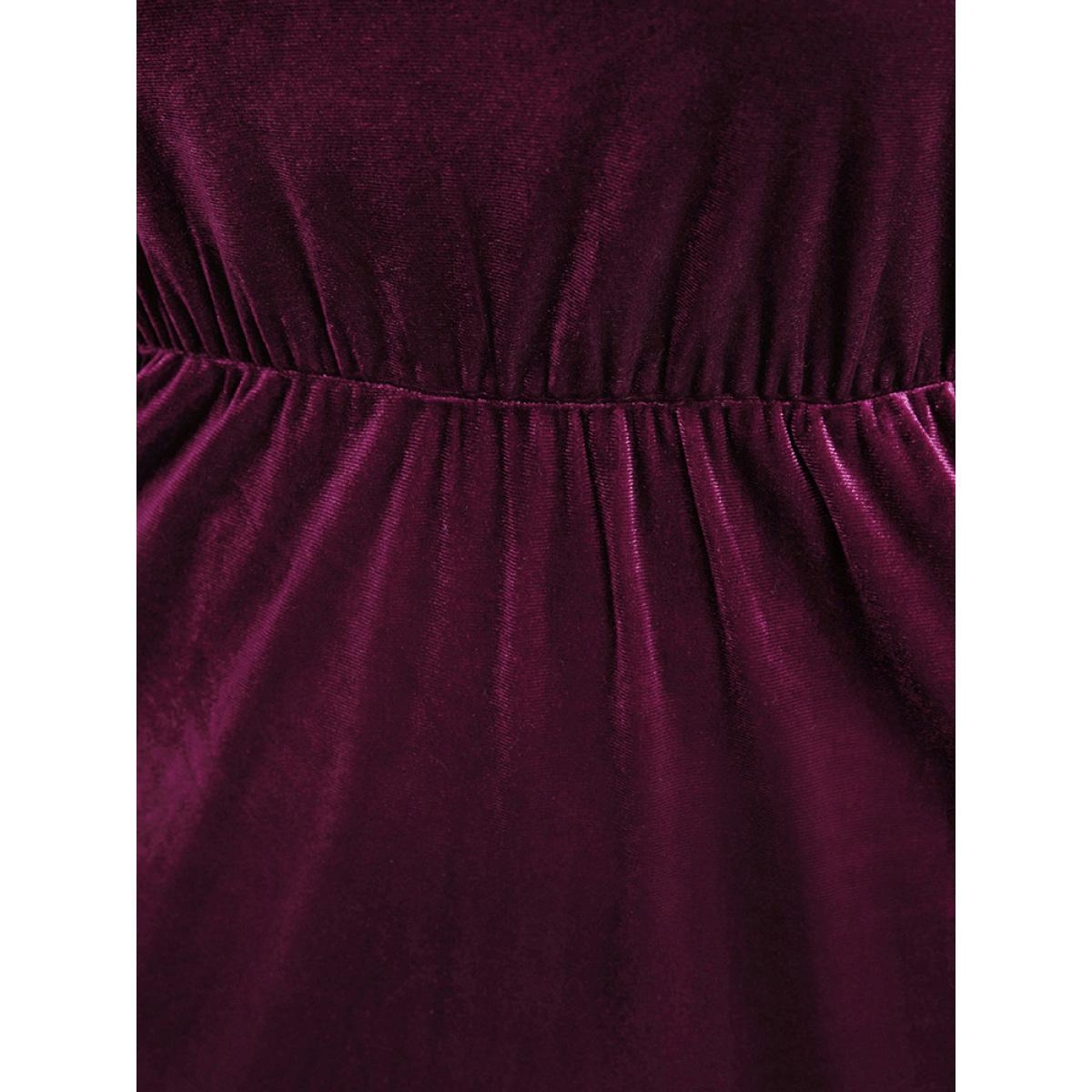 Plus Size Solid Mesh Patchwork Pocket Velvet Arc Hem Dress Burgundy Women Party See through Round Neck Long Sleeve Curvy Midi Dress BloomChic 26/4X Product Image
