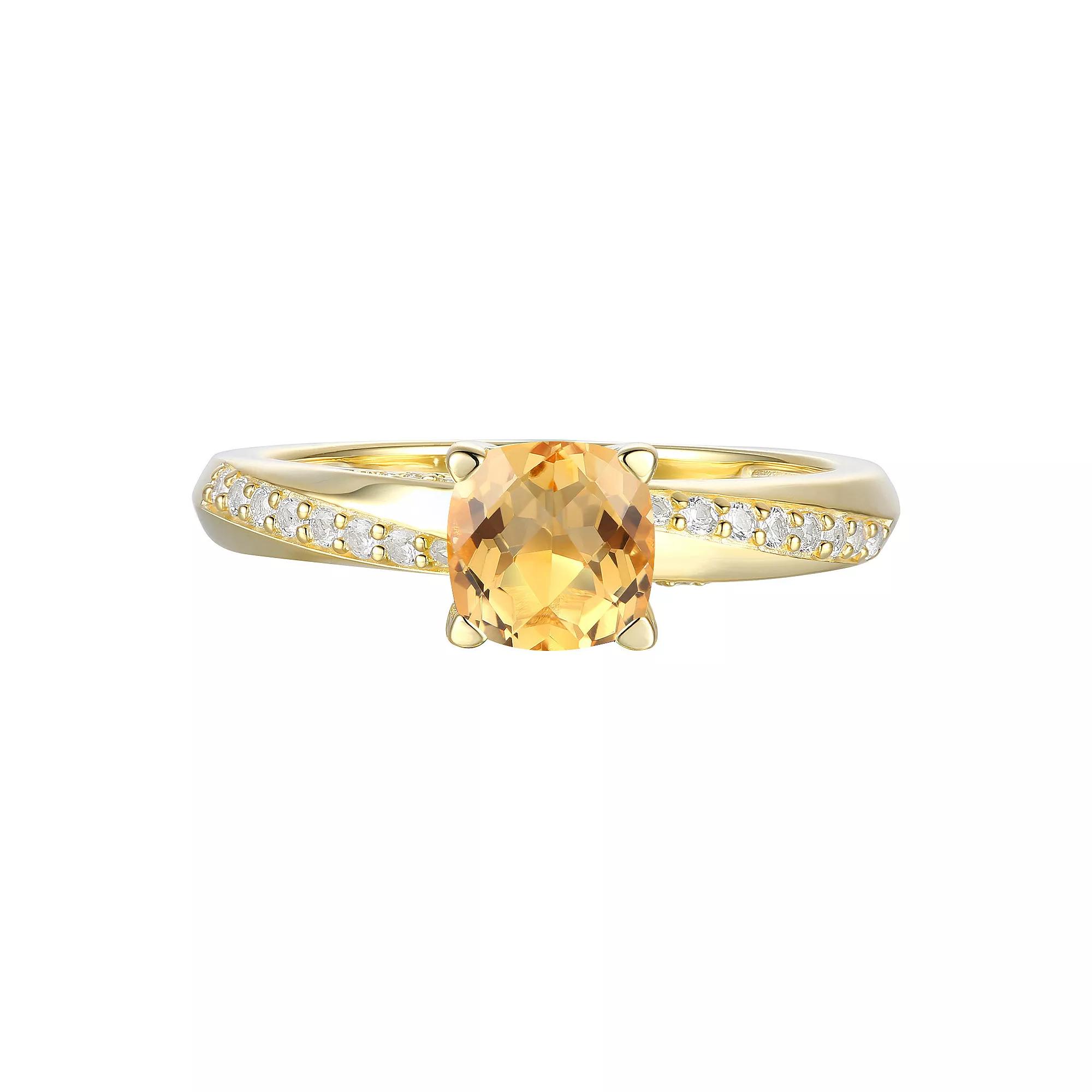 14k Gold Over Silver Cushion Citrine & Lab-Created White Sapphire Ring, Women's, Size: 7, Gold Tone Product Image