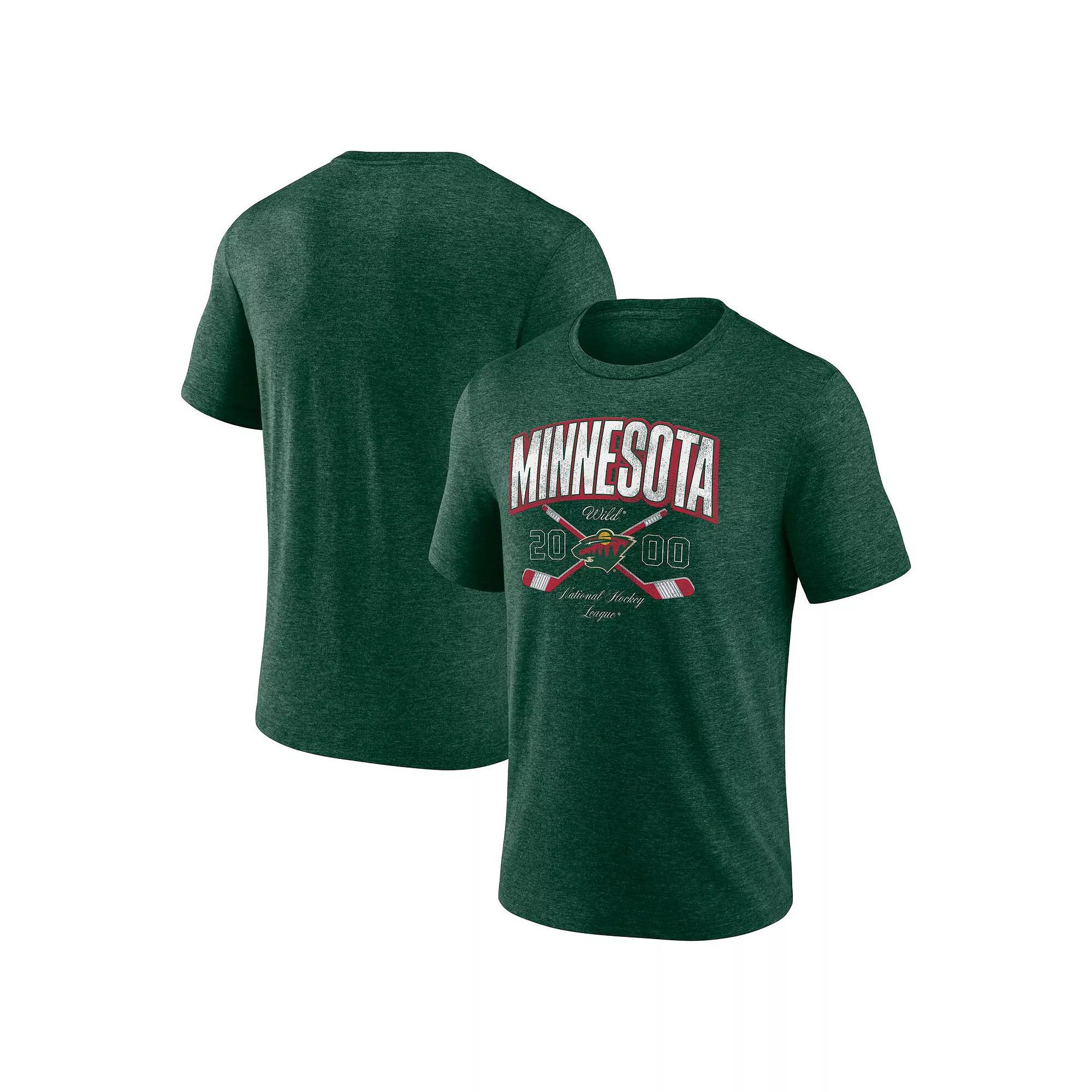 Men's Fanatics  Heather Green Minnesota Wild Cross Sticks Tri-Blend T-Shirt, Size: XL Product Image