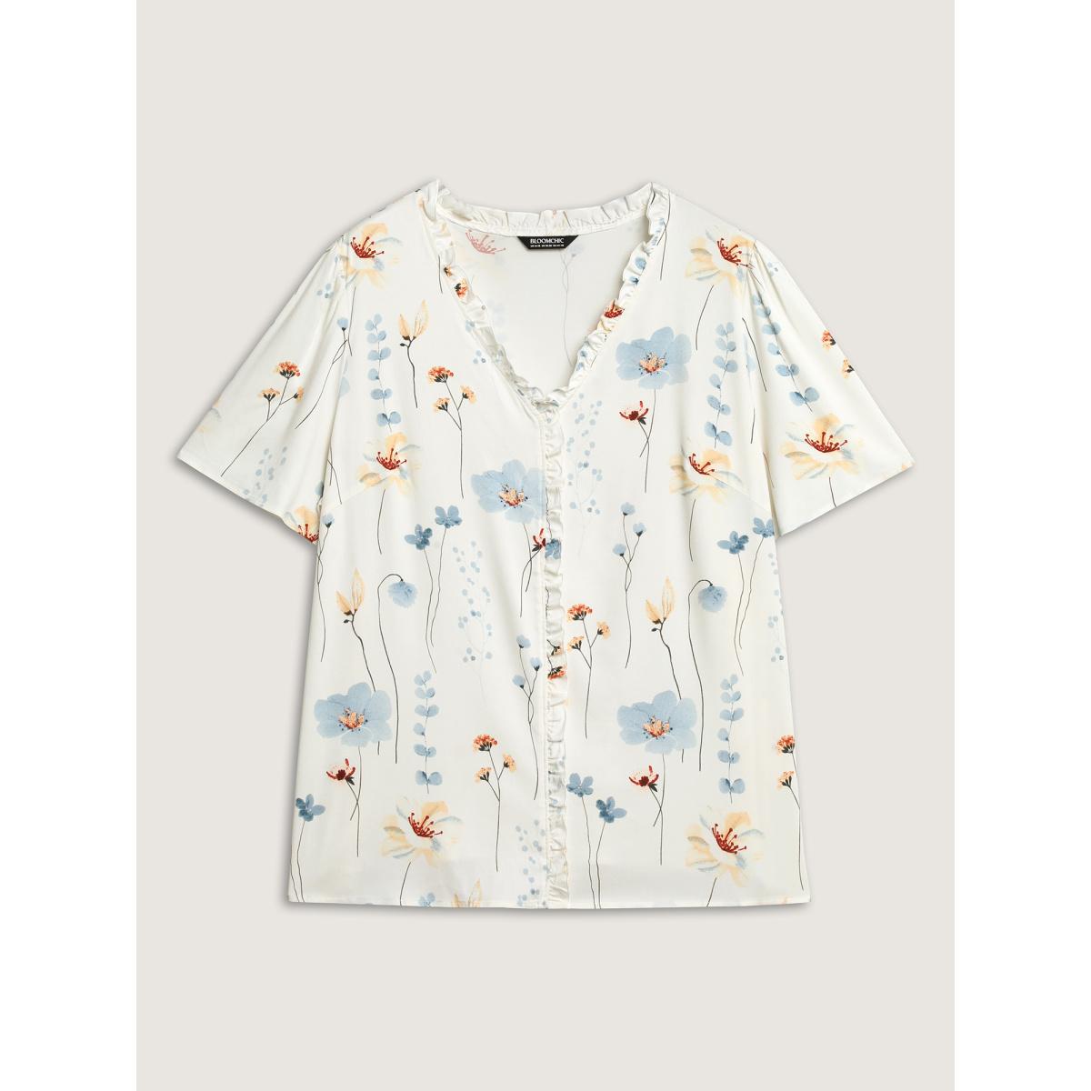 Plus Size Originalwhite Floral Print Ruffled Placket Blouse Women Short sleeve Non Everyday-Casual Blouses BloomChic 14-16/1X Product Image