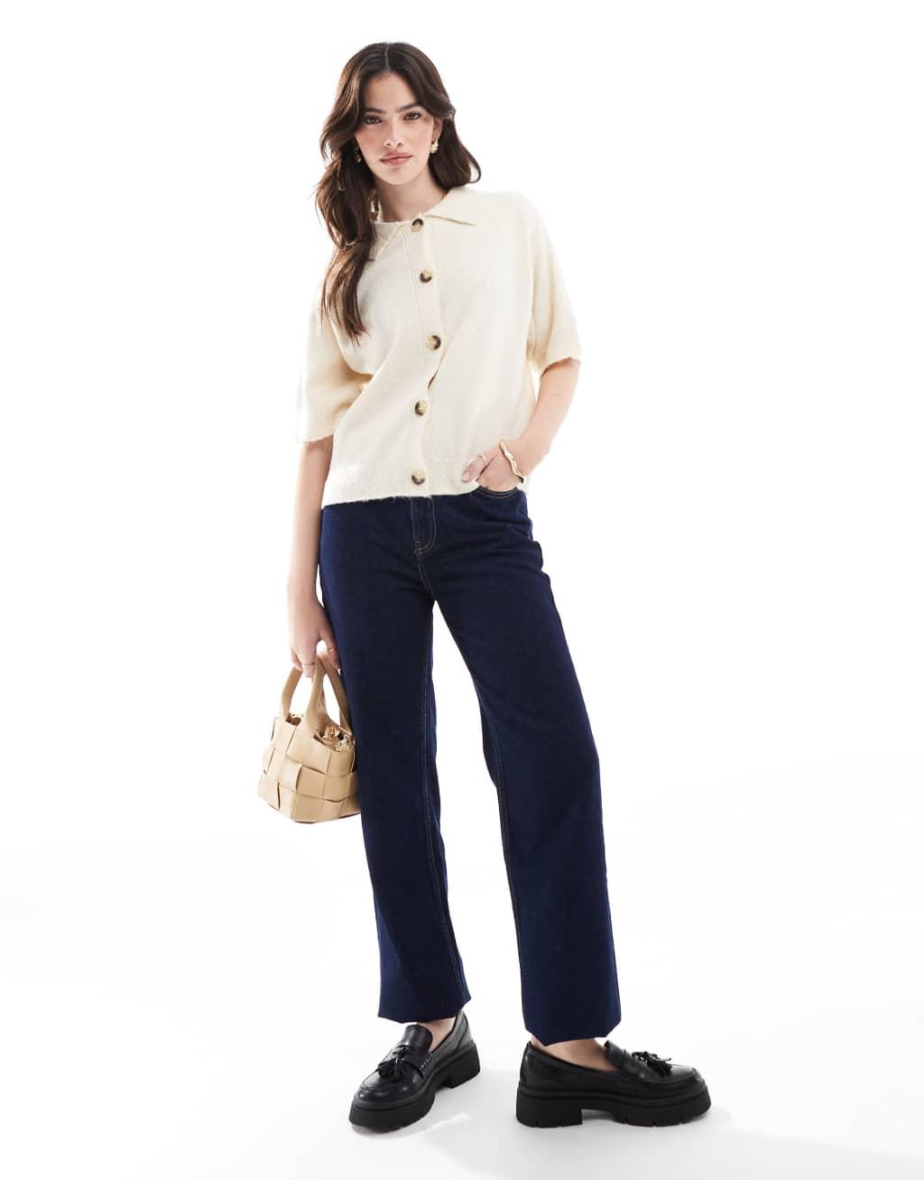 ASOS DESIGN knitted short sleeve shirt cardigan in cream Product Image