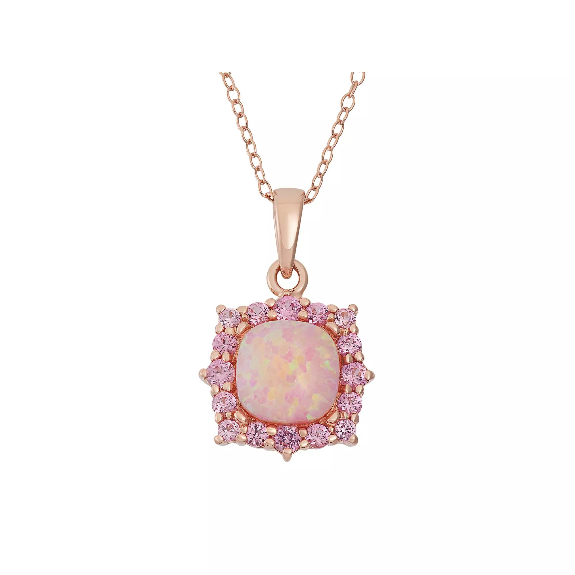 Lab-Created Pink Opal & Lab-Created Pink Sapphire 18k Rose Gold Over Silver Square Halo Pendant Necklace, Women's, Size: 18", Gold Tone Product Image