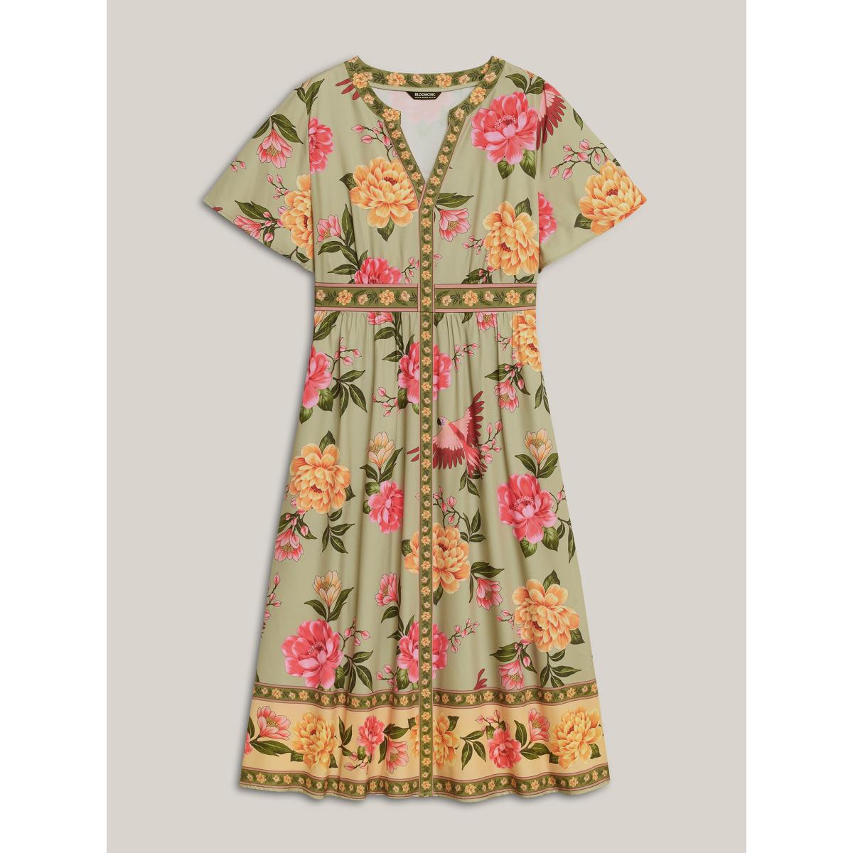 Plus Size Floral Contrast Hem Split Neck Midi Dress Sage Women Boho Flat collar with V-notch Short sleeve Curvy BloomChic 14-16/1X Product Image