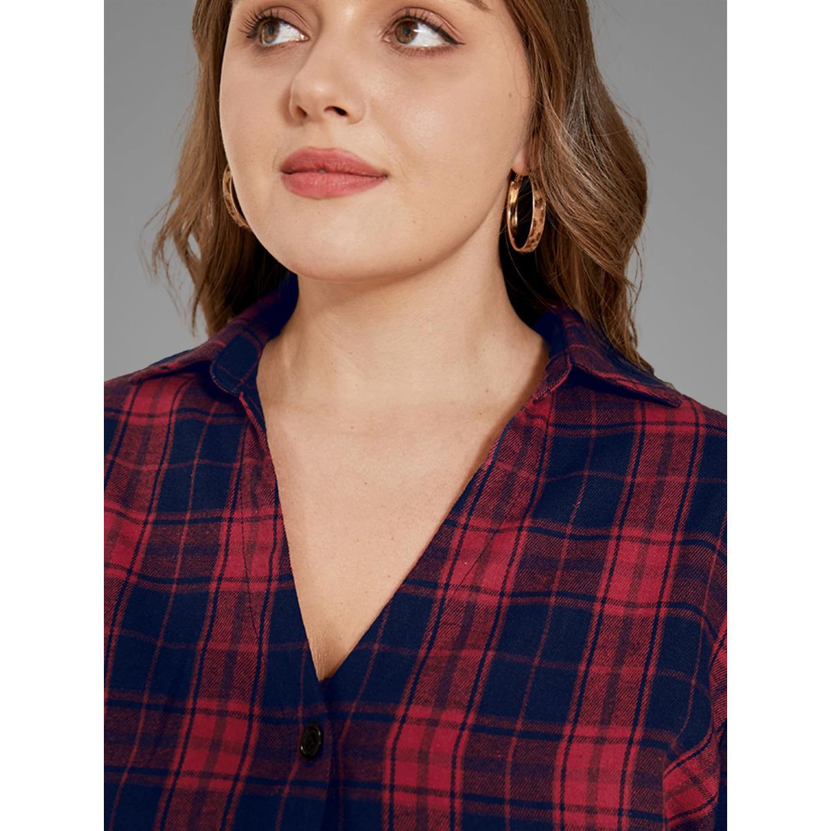 Plus Size Red Plaid Button Up Asymmetrical Hem Belted Blouse Women Elegant Long Sleeve V-neck Dailywear Blouses BloomChic 18-20/2X Product Image