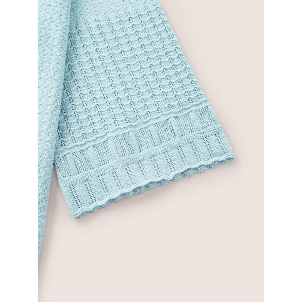 Plus Size Jacquard Hollow Out Crew Neck Bell Sleeve Pullover LightBlue Women Casual Elbow-length sleeve Round Neck Everyday Pullovers BloomChic 14-16/1X Product Image