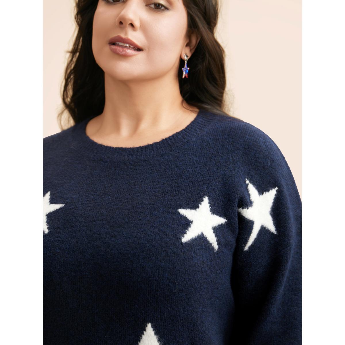 Plus Size Star Jacquard Crew Neck Pullover Indigo Women Casual Loose Long Sleeve Round Neck Everyday Pullovers BloomChic 18-20/2X Product Image