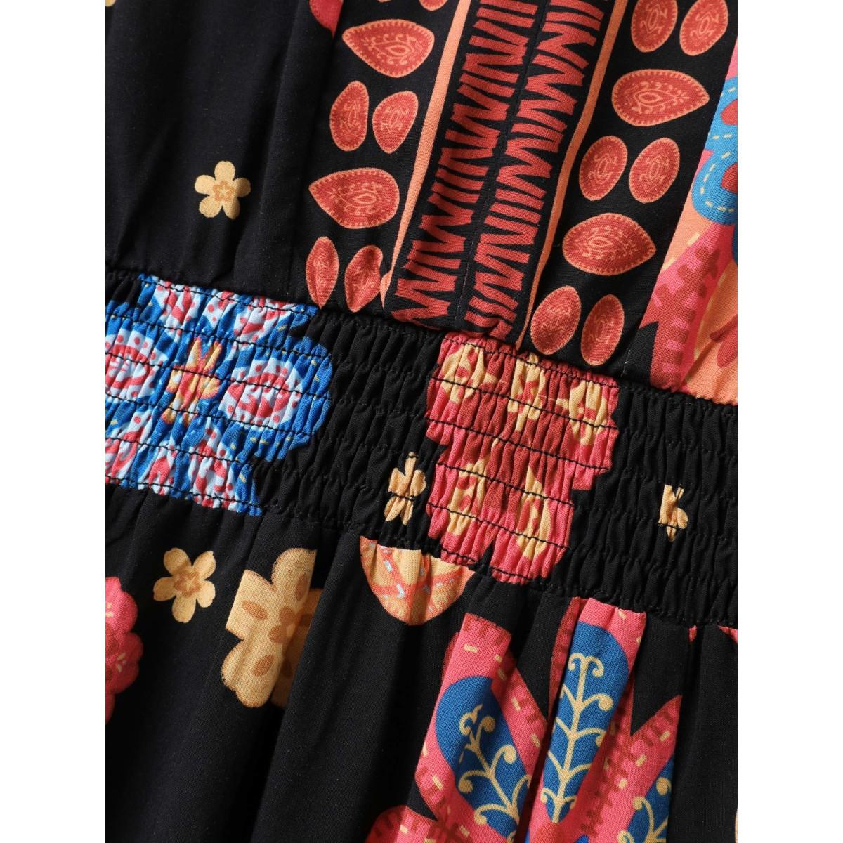 Plus Size Rayon Tropical Floral Shirred Waist Midi Dress Black Women V-neck Short sleeve Curvy BloomChic 28/5X Product Image