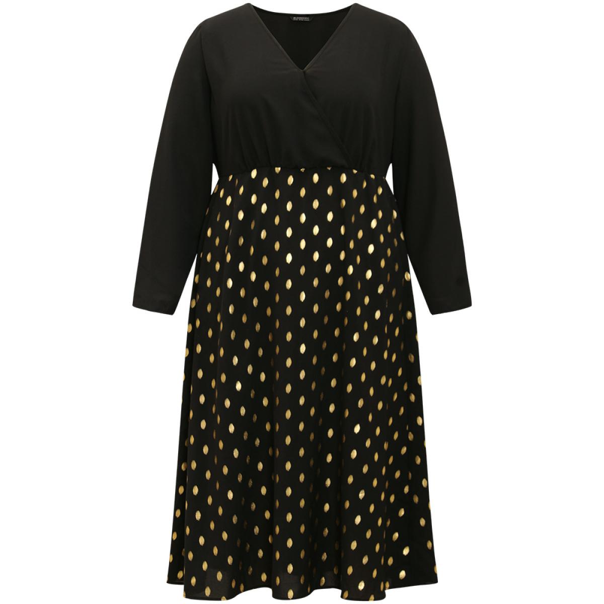 Plus Size Glitter Polka Dot Pocket V Neck Dress Black Women Glamour Printed V-neck Long Sleeve Curvy Midi Dress BloomChic 18-20/2X Product Image