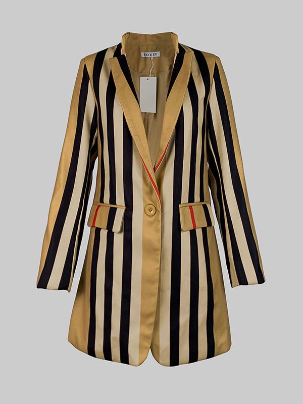 Long Sleeves Loose Buttoned Split-Joint Striped Stand Collar Woolen Coat Product Image