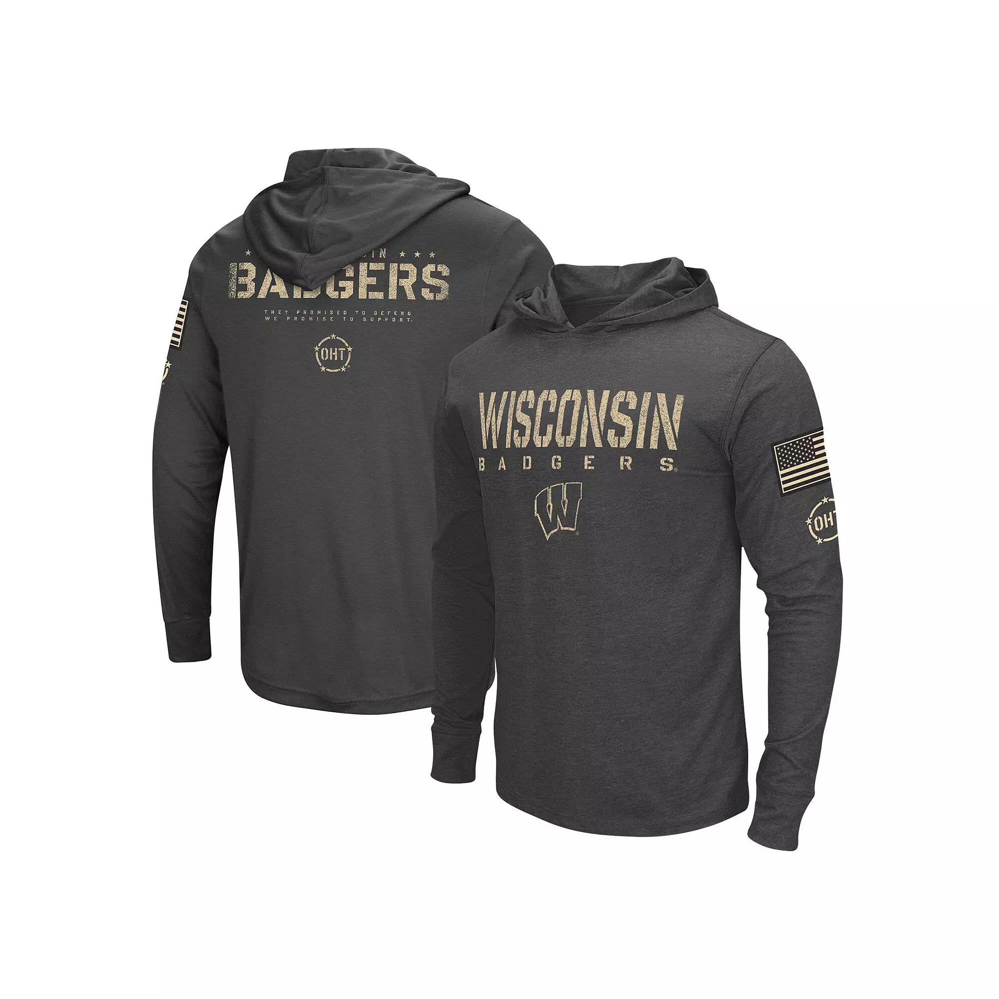 Men's Colosseum Heather Black Wisconsin Badgers Team OHT Military Appreciation Long Sleeve Hoodie T-Shirt, Size: Medium, Charco Product Image