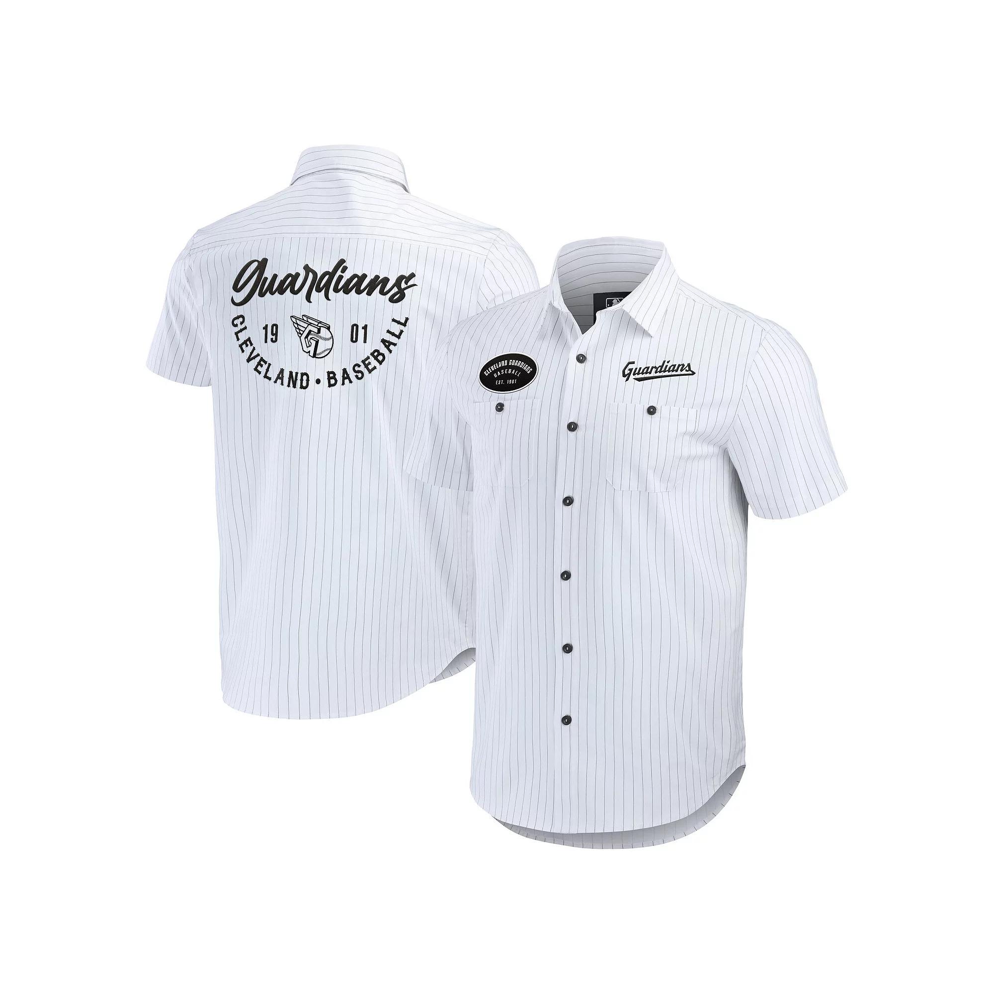 Men's Darius Rucker Collection by Fanatics White Cleveland Guardians Pin Stripe Short Sleeve Button-Up Shirt,  Product Image