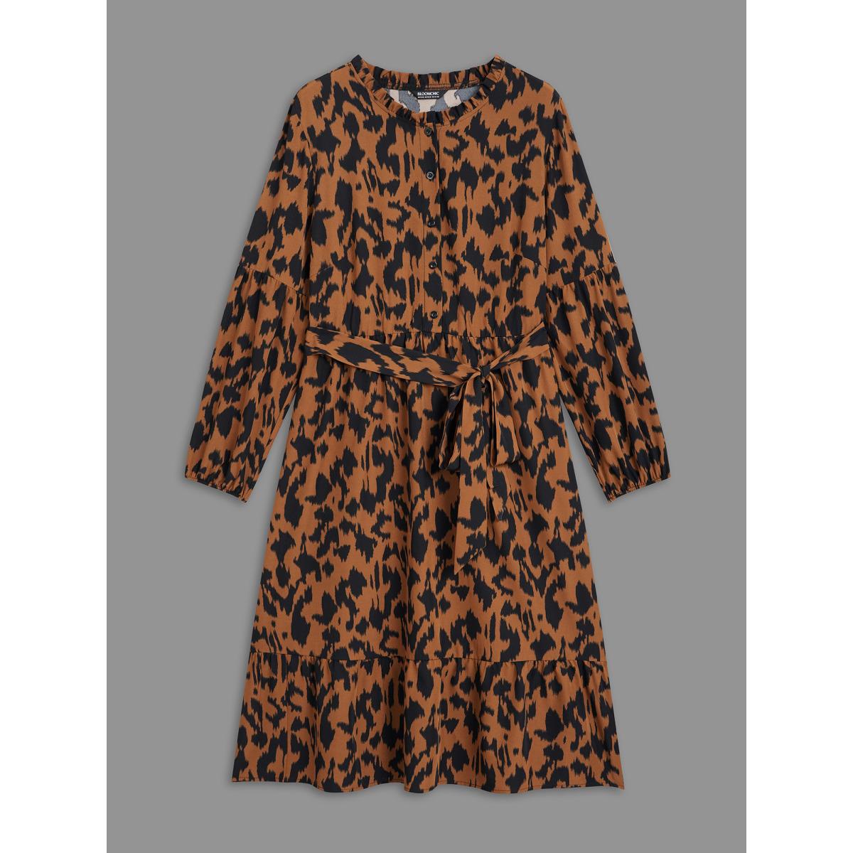 Plus Size Leopard Print Stretchy Waist Belted Dress Yellowishbrown Women Elegant Belted Stand-up collar Long Sleeve Curvy BloomChic 12/L Product Image