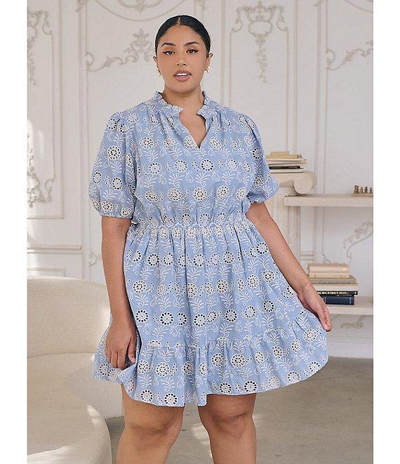 Sugarlips Plus Rosie Embroidered Floral Eyelet Puff Sleeve Mini Dress Product Image