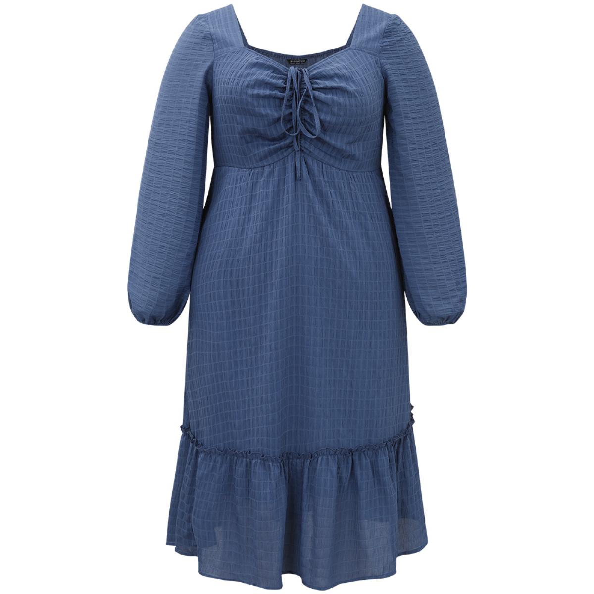 Plus Size Solid Plisse Ties Frill Trim Ruched Dress Cerulean Women Elegant Elastic cuffs Tie Neck Long Sleeve Curvy Midi Dress BloomChic 26/4X Product Image