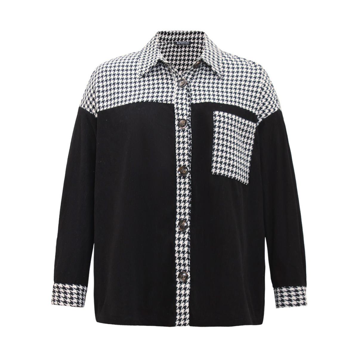 Plus Size Houndstooth Patchwork Pocket Button Through Corduroy Coat Women Black Casual Contrast Ladies Dailywear Winter Coats BloomChic 22-24/3X Product Image