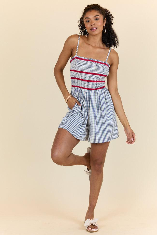 Simple Joy Smocked Seersucker Blue Plaid Romper FINAL SALE Product Image