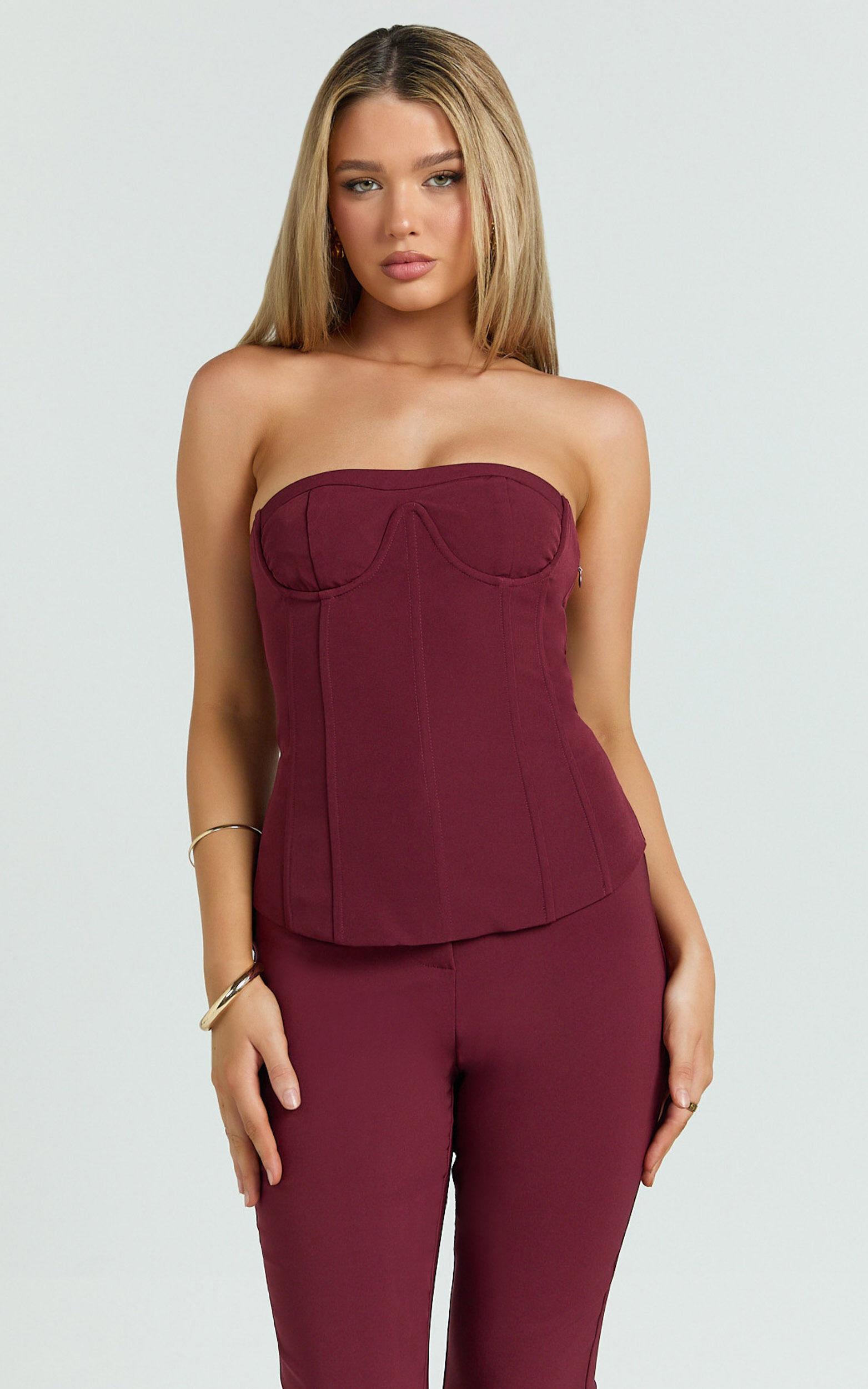 Irene Top - Strapless Sweetheart Lace Up Back Top in Wine Product Image