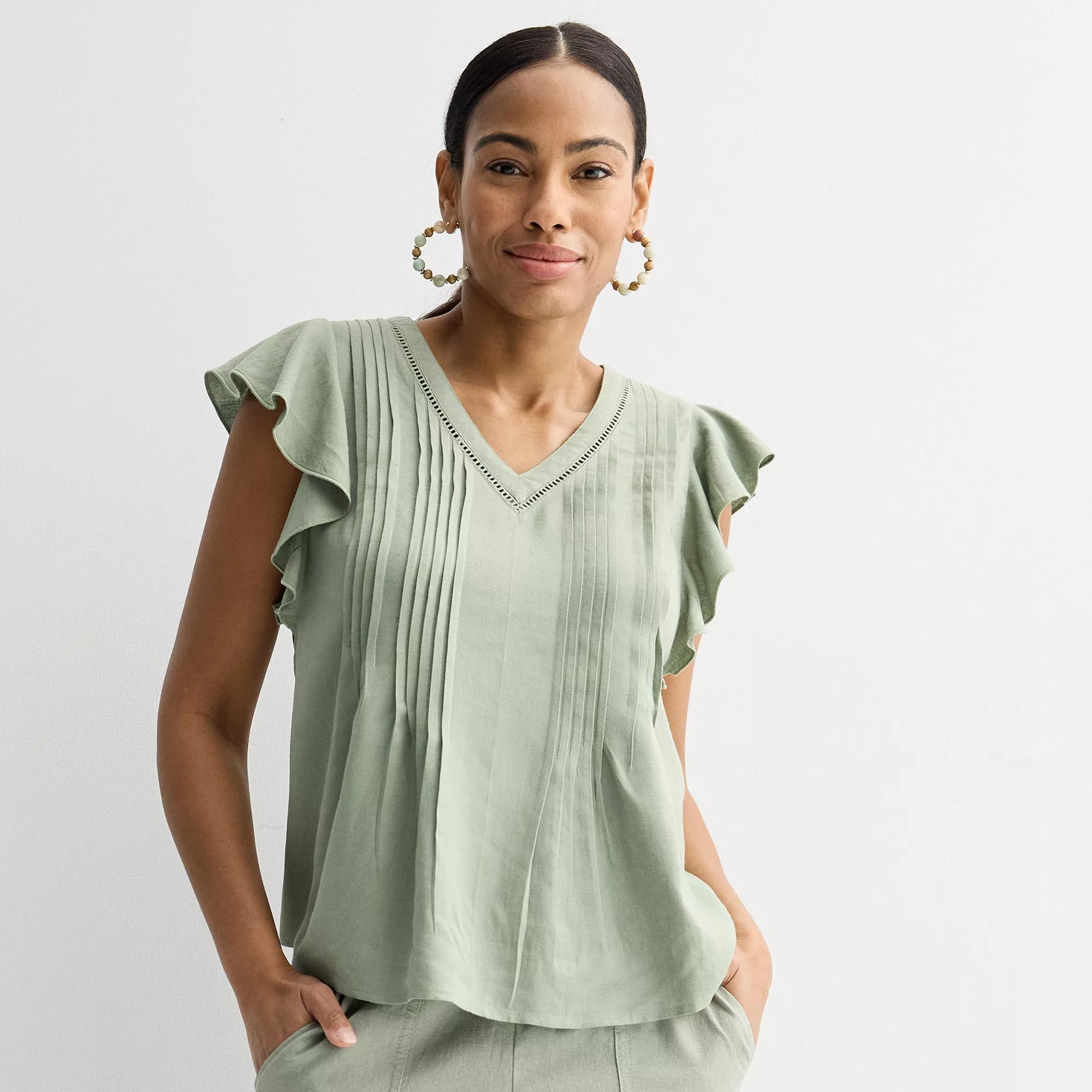 Petite Sonoma Goods For Life® Flutter Sleeve Pintuck Top, Women's, Size: Large Petite, Madri Green Product Image