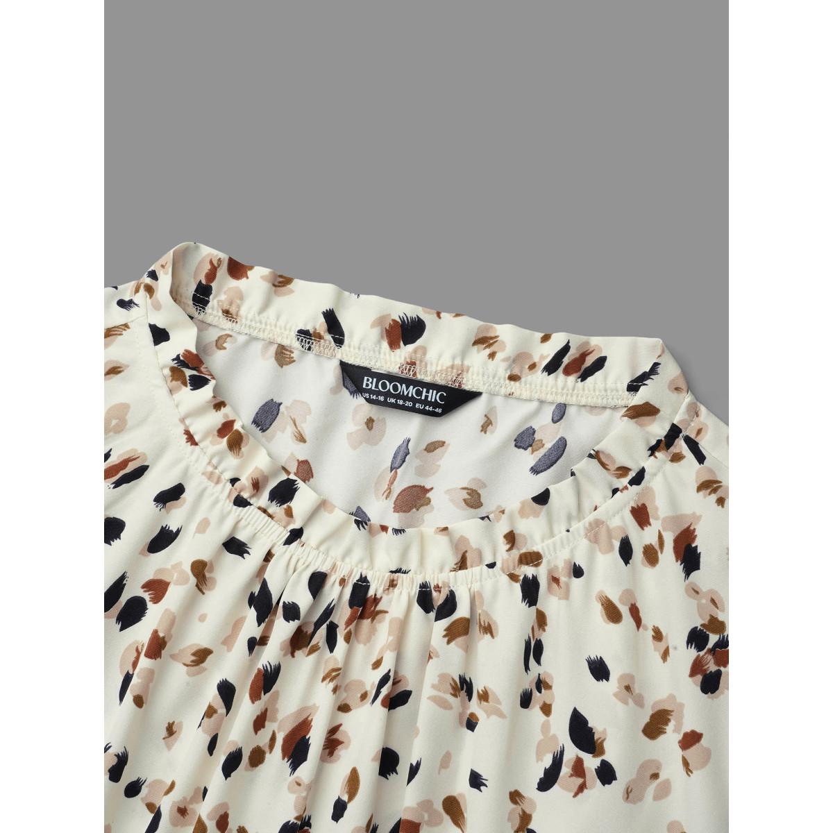 Plus Size Beige Color Leopard Print Frill Trim Blouse Women Elegant Long Sleeve Round Neck Everyday Blouses BloomChic 12/L Product Image