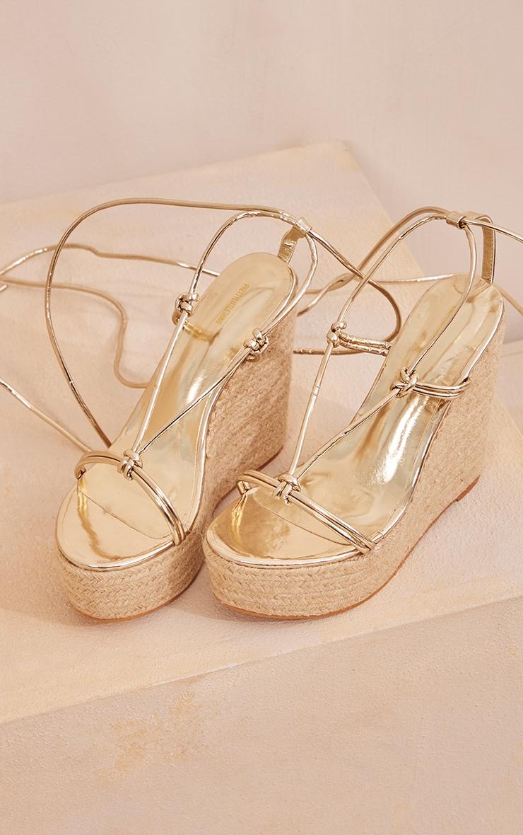 Gold PU Metallic Twist Strap Lace Up High Heeled Espadrille Wedges Product Image