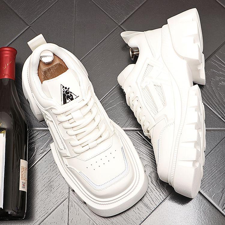 Platform Square Toe Mesh Panel Lace-Up Faux Leather Shoes Product Image