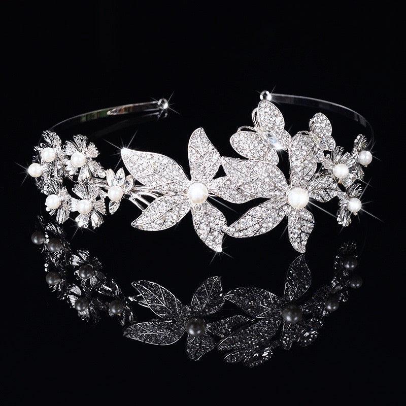 "Aleah" - Silver Pearl and Crystal Bridal Side-Headband/Tiara Product Image