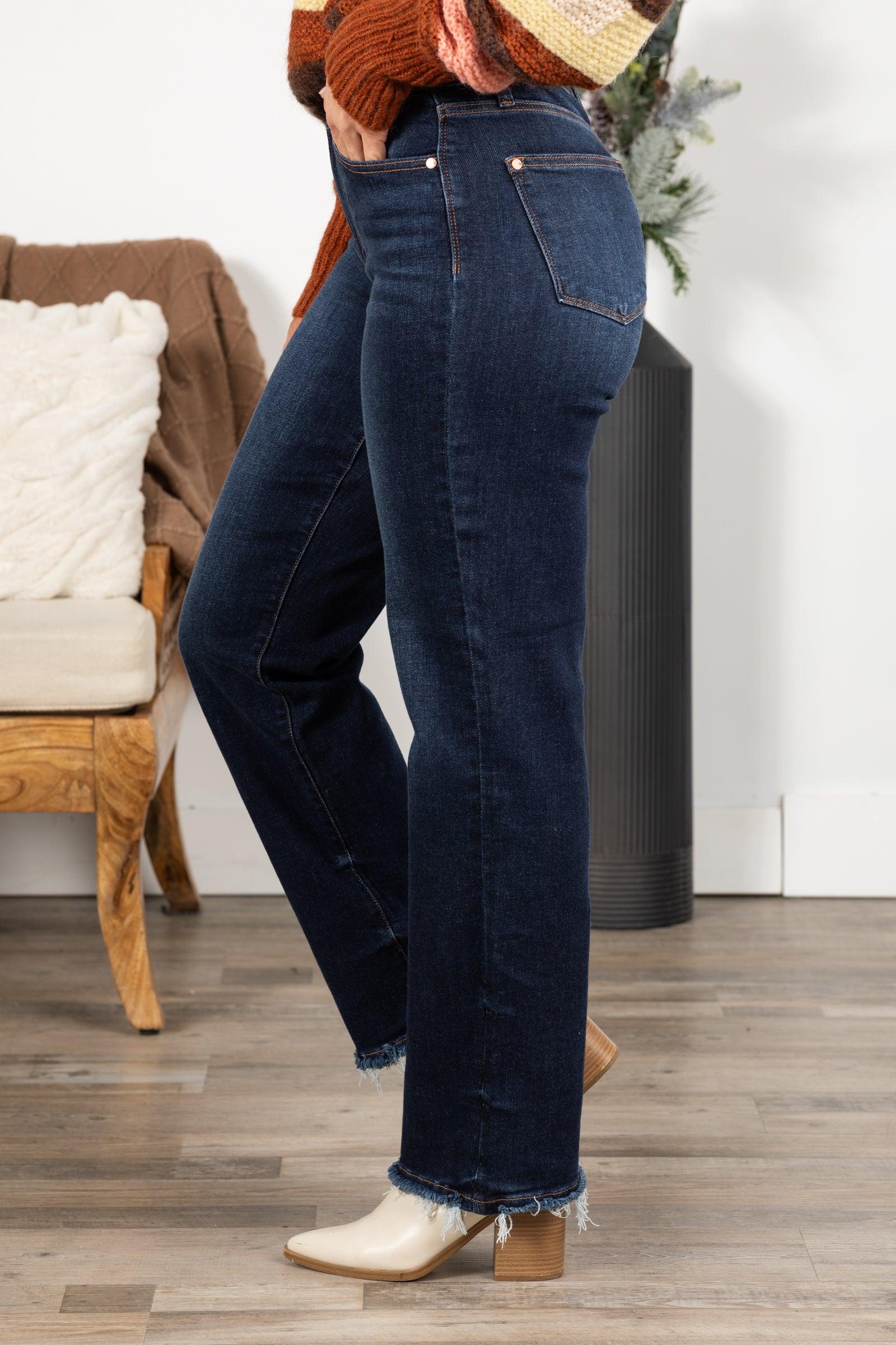 Judy Blue Dark Straight Leg Fray Hem Jeans Product Image