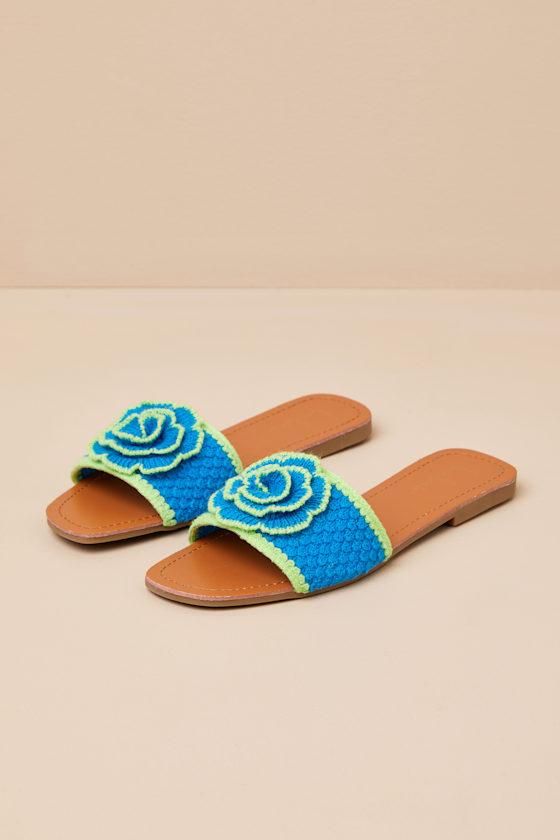 Simmy Blue and Green Flower Slide Sandals Product Image