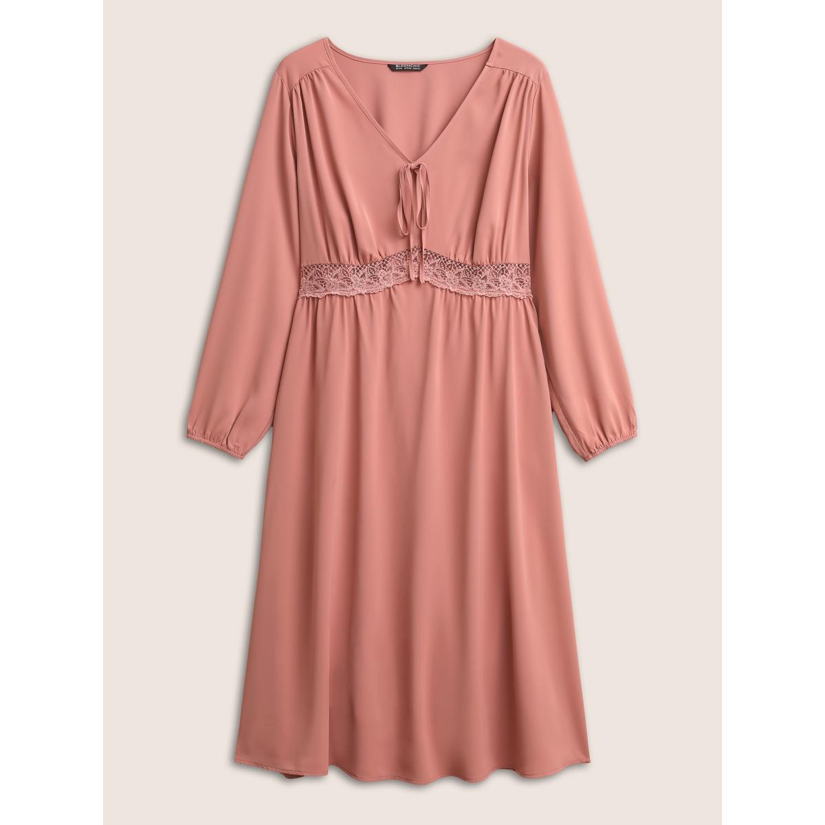 Plus Size Lace Insert Pocket Bowknot Hollow Out Dress DustyPink Women Elegant Elastic cuffs V-neck Long Sleeve Curvy Midi Dress BloomChic 18-20/2X Product Image